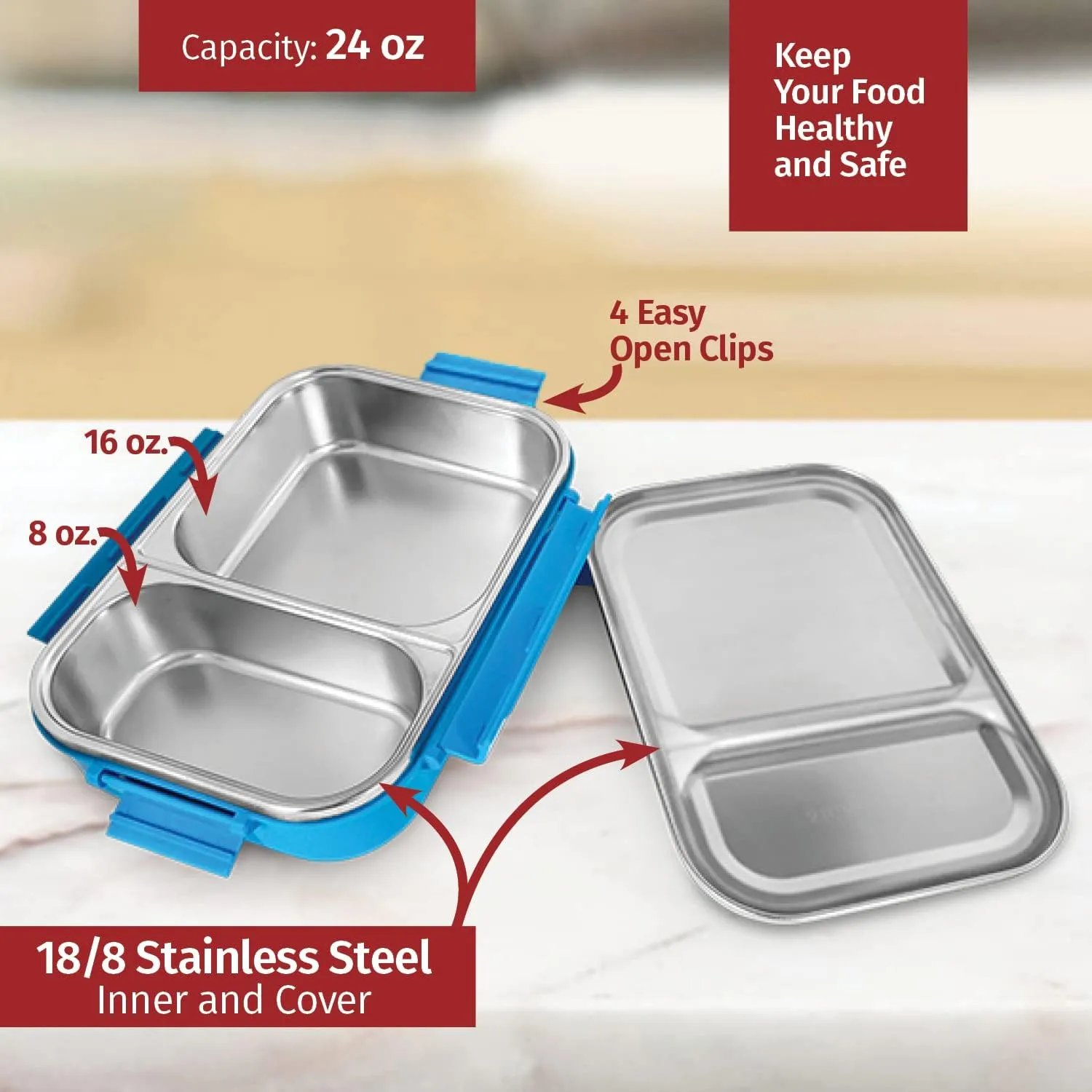 Signoraware Stainless Steel Bento Box For Men, 24 Oz, Aqua Blue, Leakproof Between 2 Compartments, Portion Control, Easy To Carry