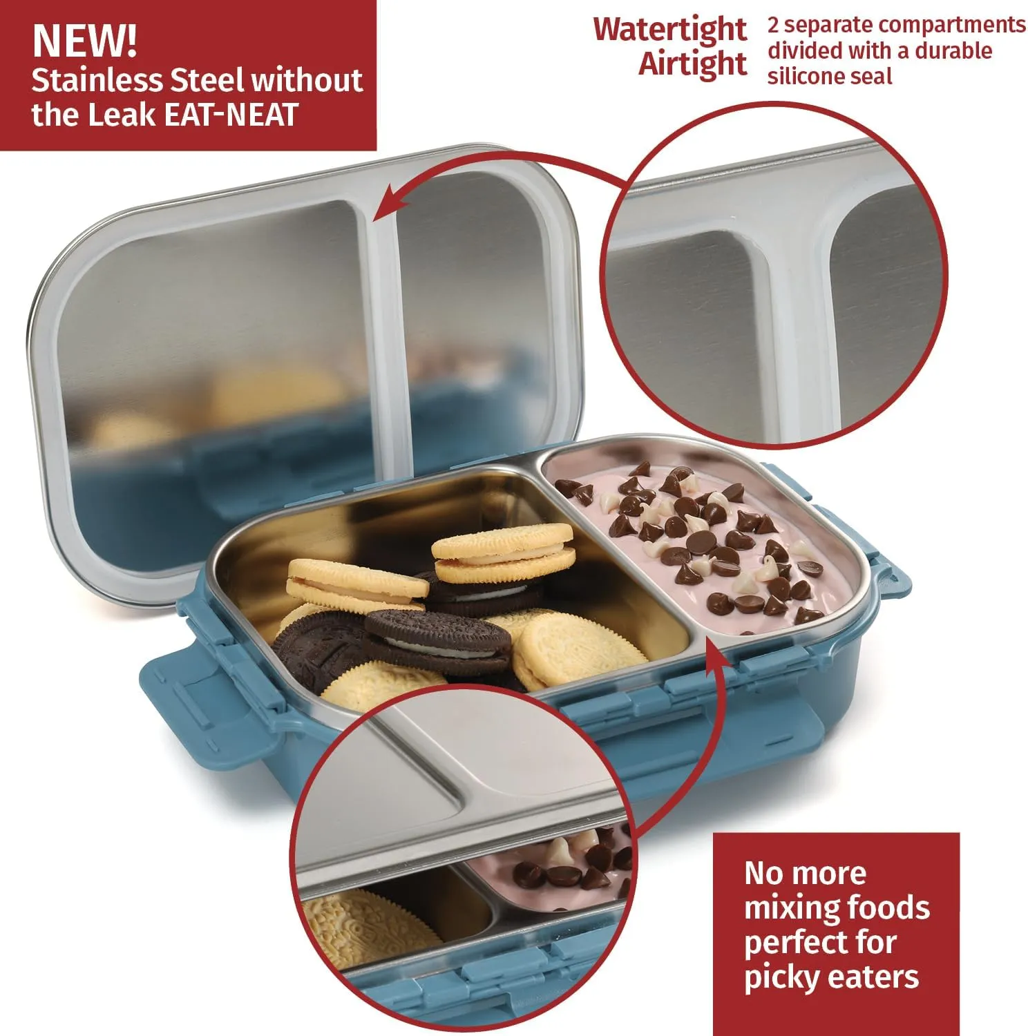 Signoraware Stainless Steel Bento Box For Men, 24 Oz, Aqua Blue, Leakproof Between 2 Compartments, Portion Control, Easy To Carry