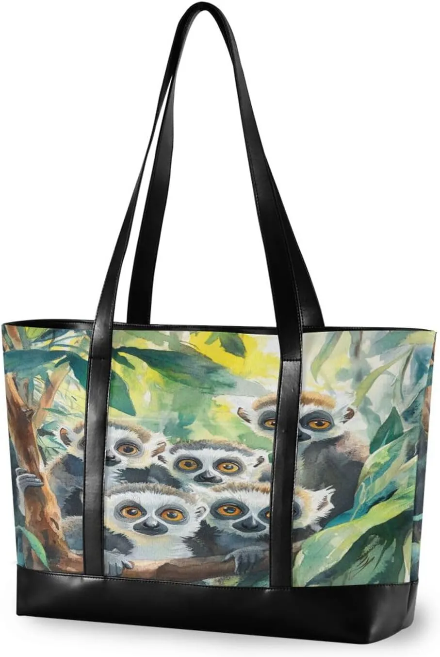 Sinestour Lemur Family Foliage Watercolor Tote Bag with Zipper Work Shoulder Handbag with Compartments Canvas Tote Purse for Women Travel Ladies