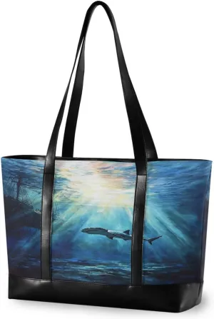 Sinestour Shipwreck Hammerhead Shark Blue Tote Bag with Zipper Work Shoulder Handbag with Compartments Canvas Tote Purse for Travel Women Ladies