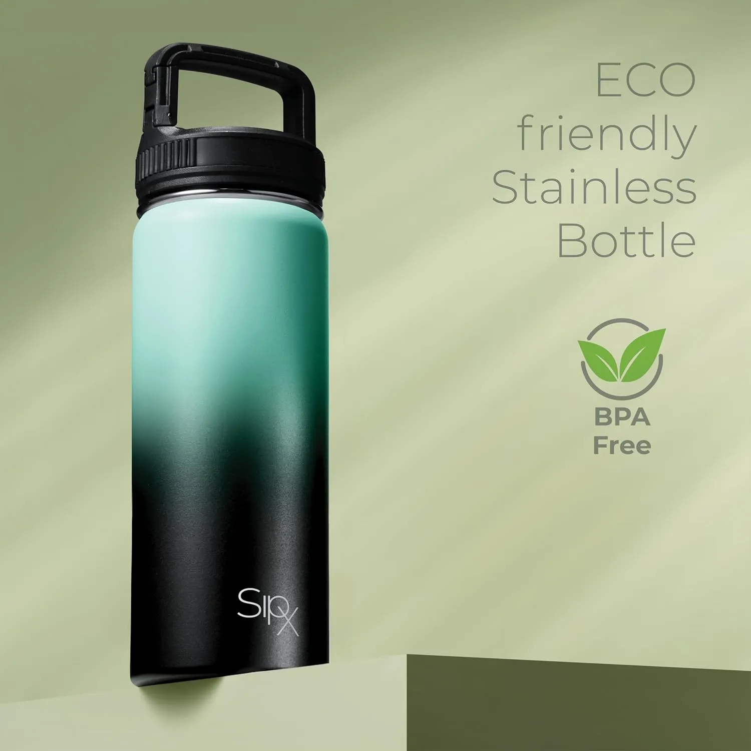 SipX™ Triple-Insulated Stainless Steel Water Bottle 18oz. With 3 Lids, BPA-Free Reusable Insulated Water Bottle Keeps Cold 24 Hours, (Gradiant Mint Black)