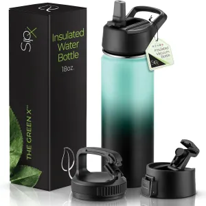 SipX™ Triple-Insulated Stainless Steel Water Bottle 18oz. With 3 Lids, BPA-Free Reusable Insulated Water Bottle Keeps Cold 24 Hours, (Gradiant Mint Black)