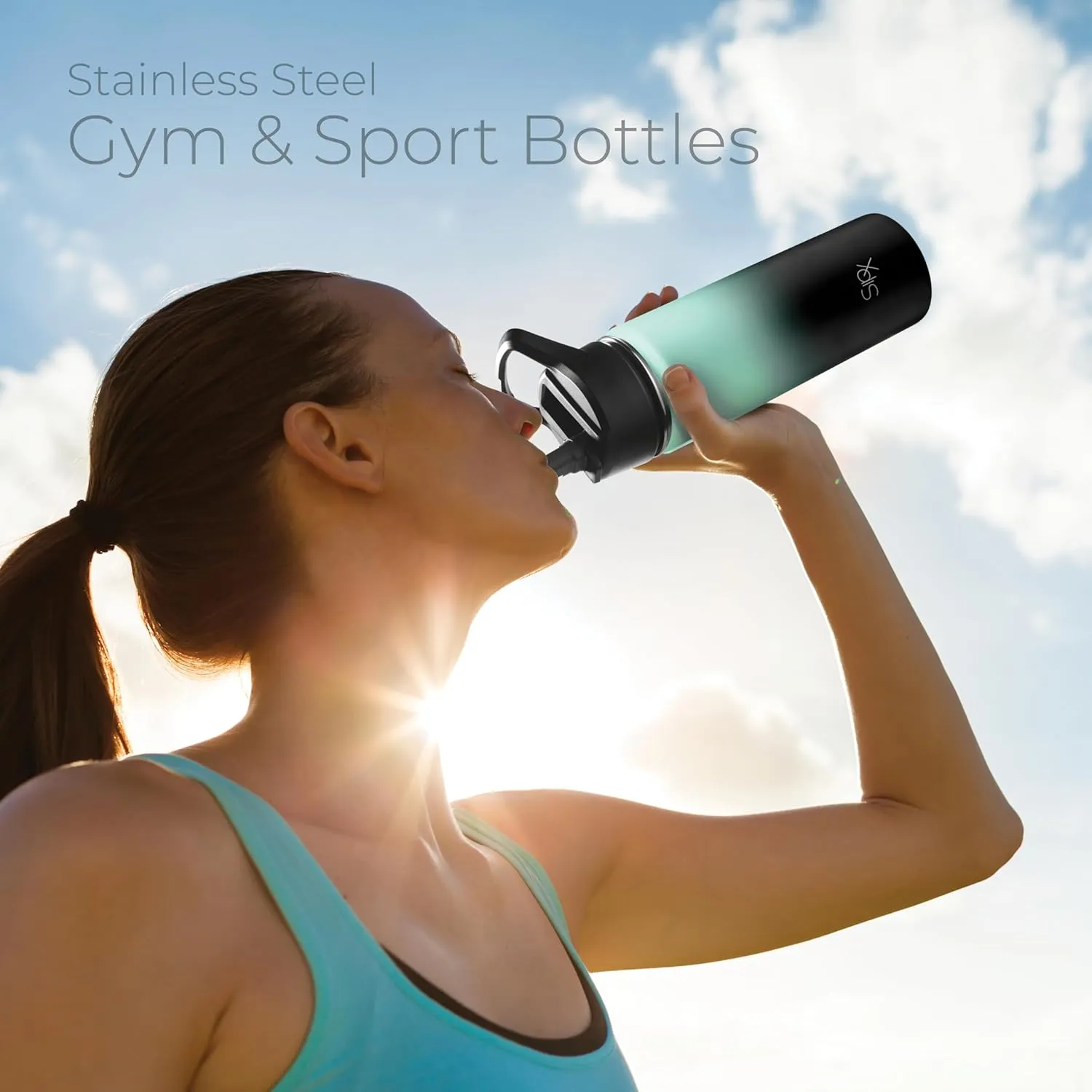 SipX™ Triple-Insulated Stainless Steel Water Bottle 18oz. With 3 Lids, BPA-Free Reusable Insulated Water Bottle Keeps Cold 24 Hours, (Gradiant Mint Black)