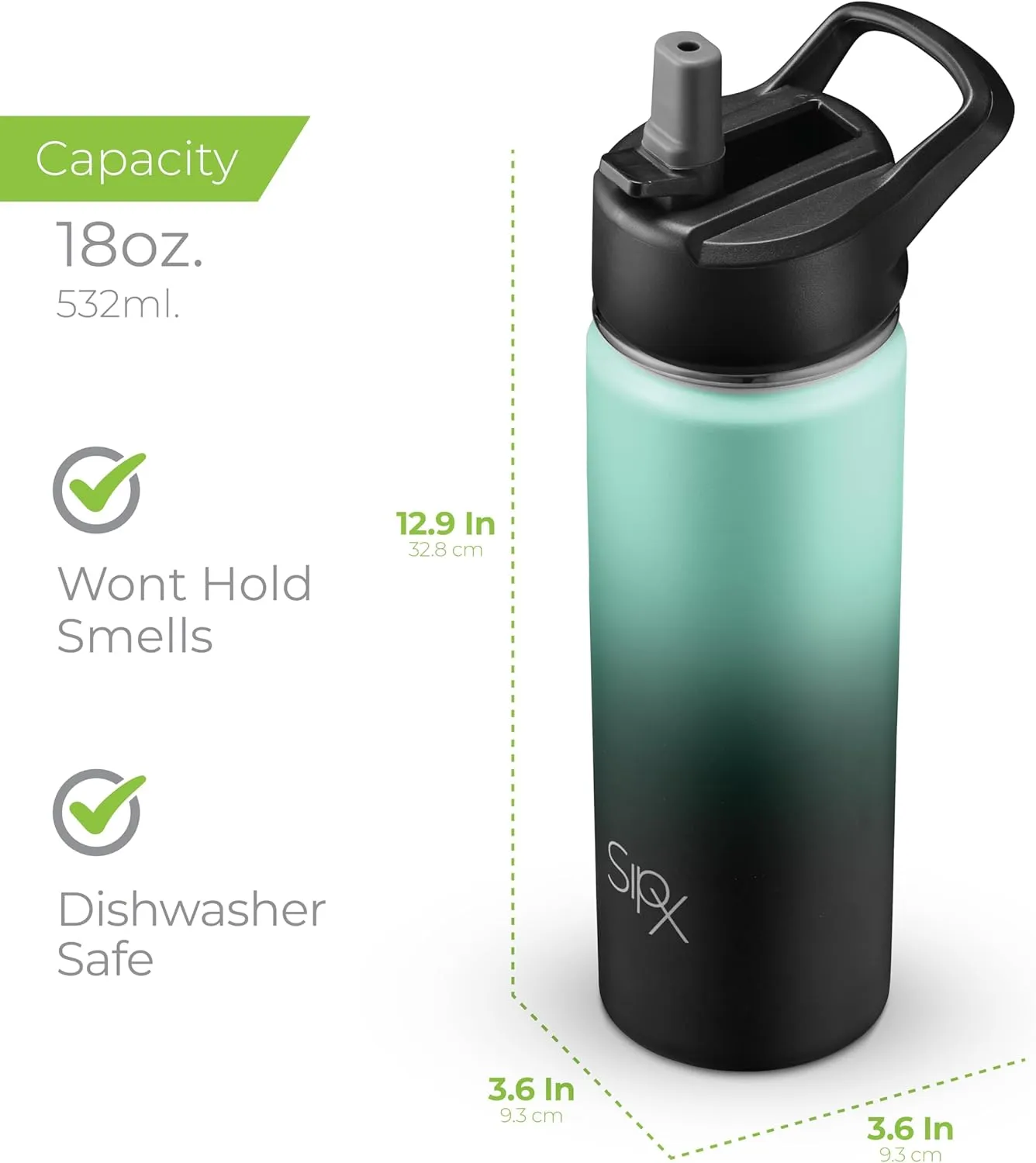 SipX™ Triple-Insulated Stainless Steel Water Bottle 18oz. With 3 Lids, BPA-Free Reusable Insulated Water Bottle Keeps Cold 24 Hours, (Gradiant Mint Black)