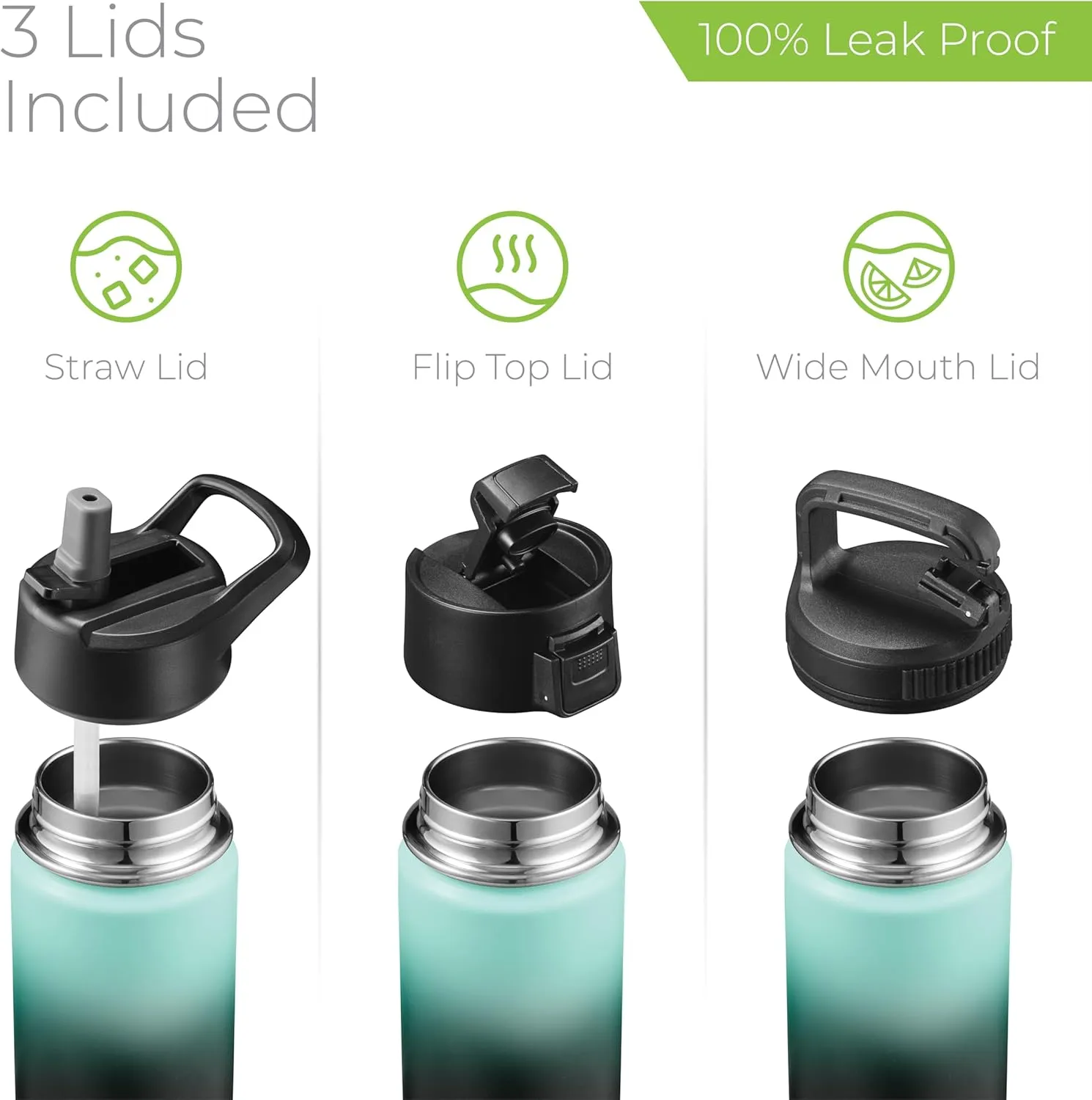 SipX™ Triple-Insulated Stainless Steel Water Bottle 18oz. With 3 Lids, BPA-Free Reusable Insulated Water Bottle Keeps Cold 24 Hours, (Gradiant Mint Black)