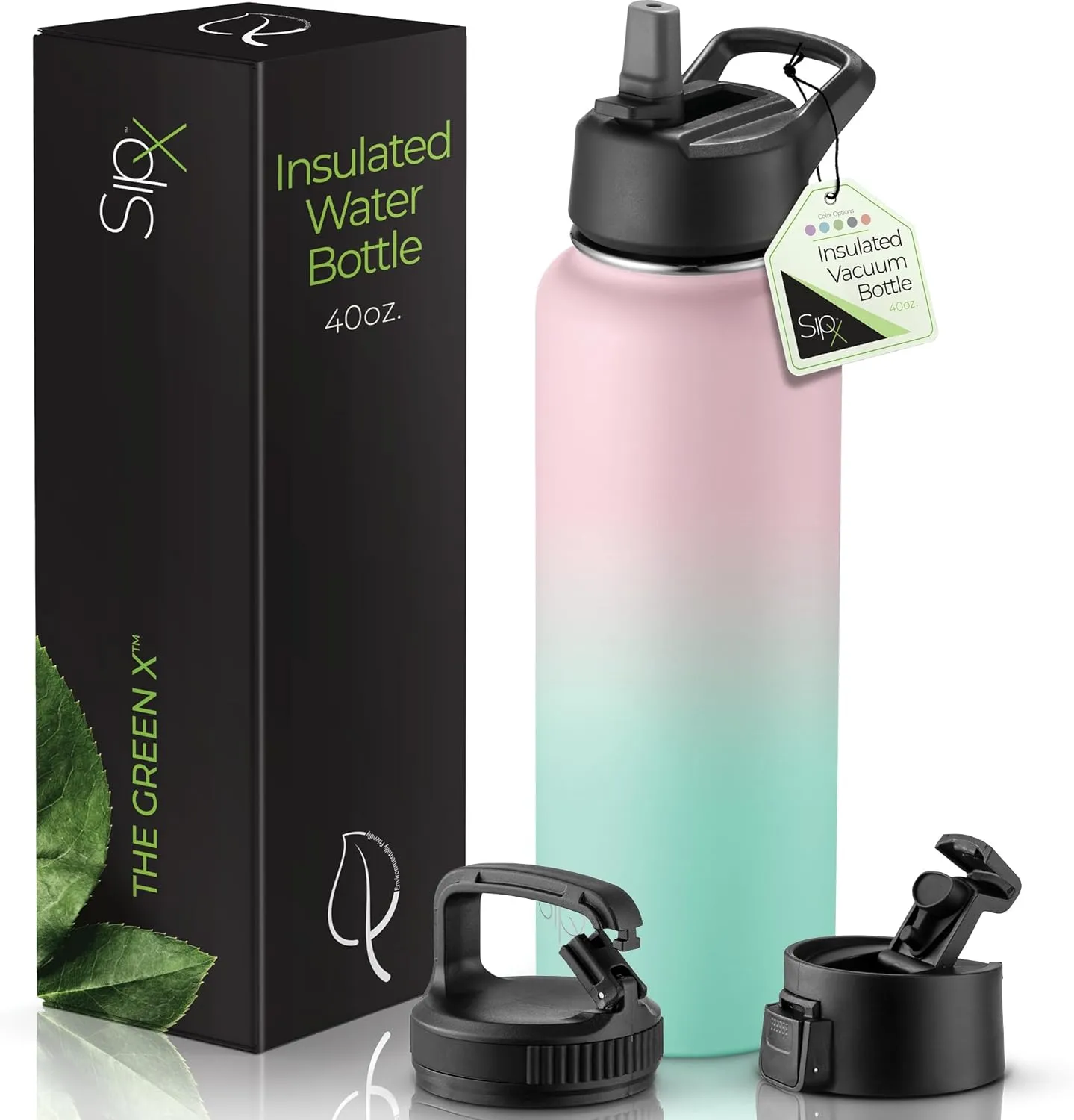 SipX™ Triple-Insulated Stainless Steel Water Bottle 40oz. With 3 Lids, BPA-Free Reusable Insulated Water Bottle Keeps Cold 24 Hours, Metal Water Bottle Made Of Sustainable Material For Hiking & Biking