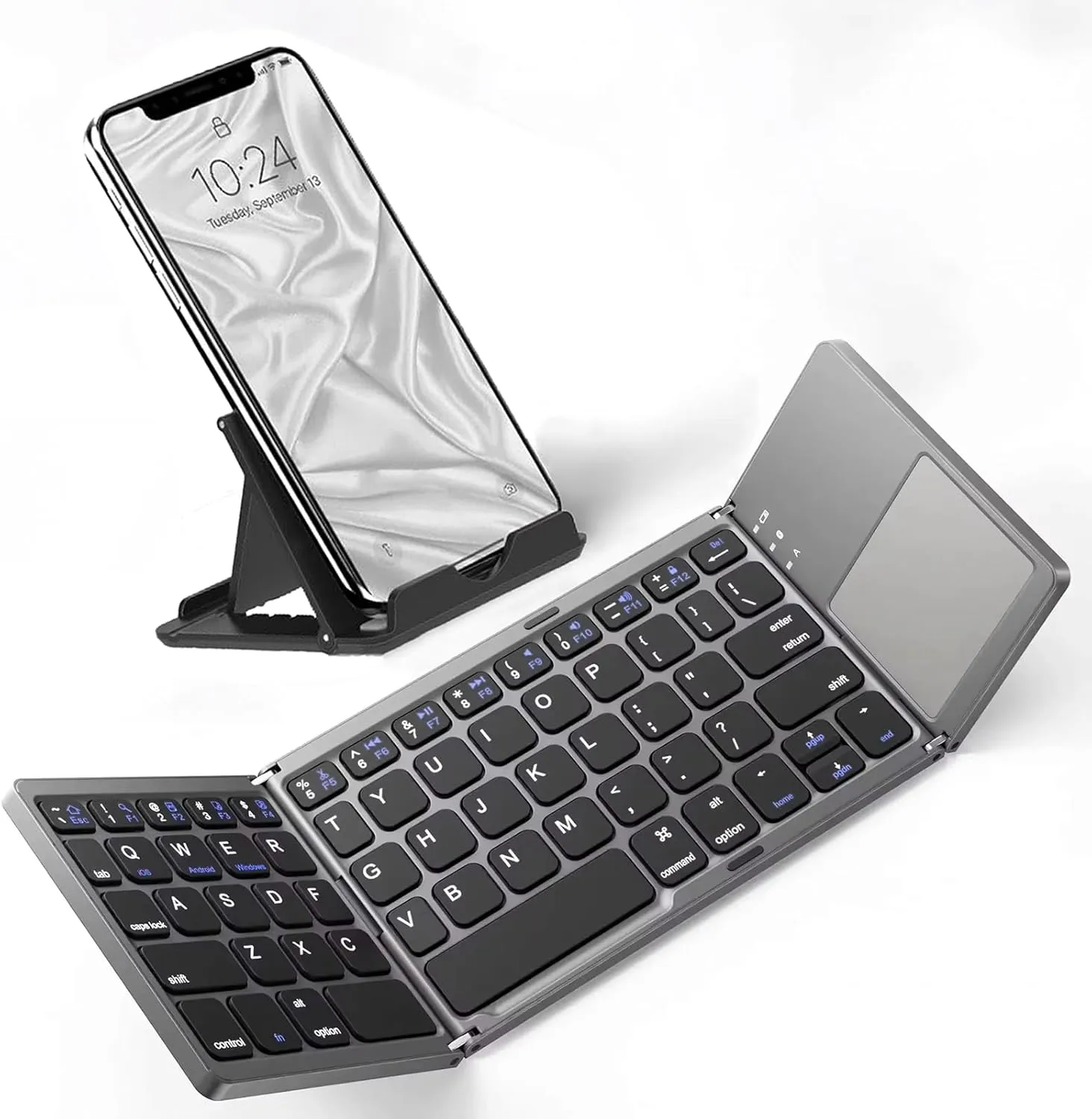 Slim Foldable Wireless Keyboard Compatible with Vertu Signature Touch with TOUCHPAD Mouse Fully Universal Providing 48H Use, 560 Days Standby, Portable, Compact, Tri-Fold, Rechargeable!