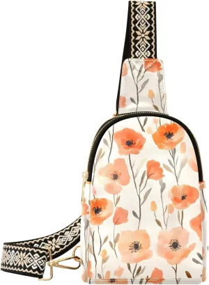 Sling Bag for Women Flesh-colored Orange Flowers Pattern Waterproof Leather Crossbody Bags Trendy Casual Pack Shoulder Strap Chest Bag for Travel Hiking