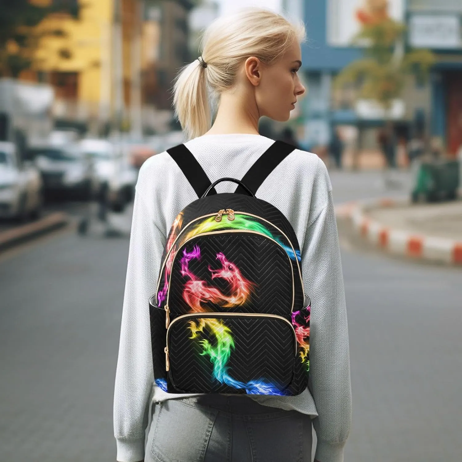 Small Backpack Purse for Women, Fire Rainbow Dragon Travel Bag Casual Daypack Shoulder Bag