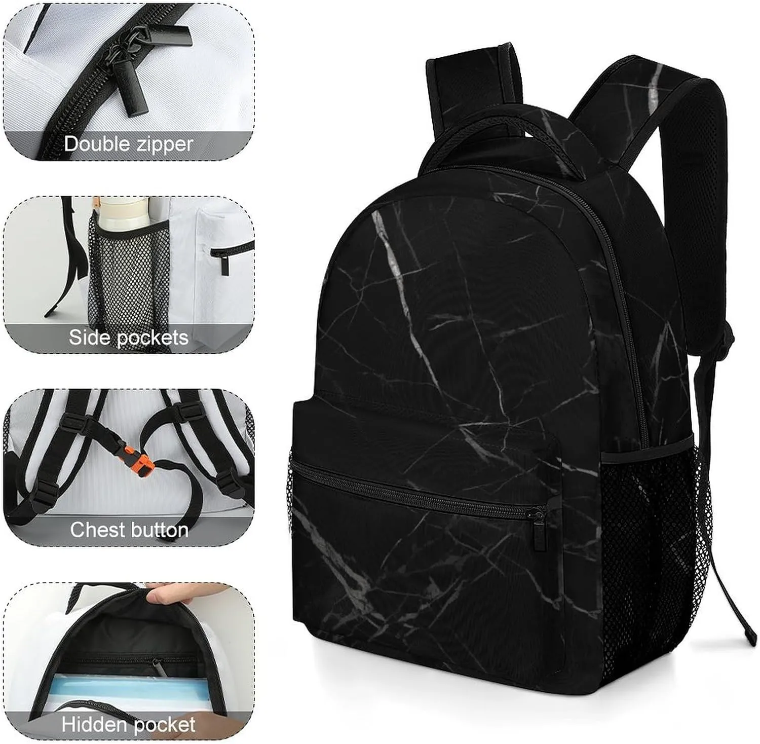 Small Backpacks Personalized Black Marble Printing Travel Bag Lightweight Travel Backpack For Women Men