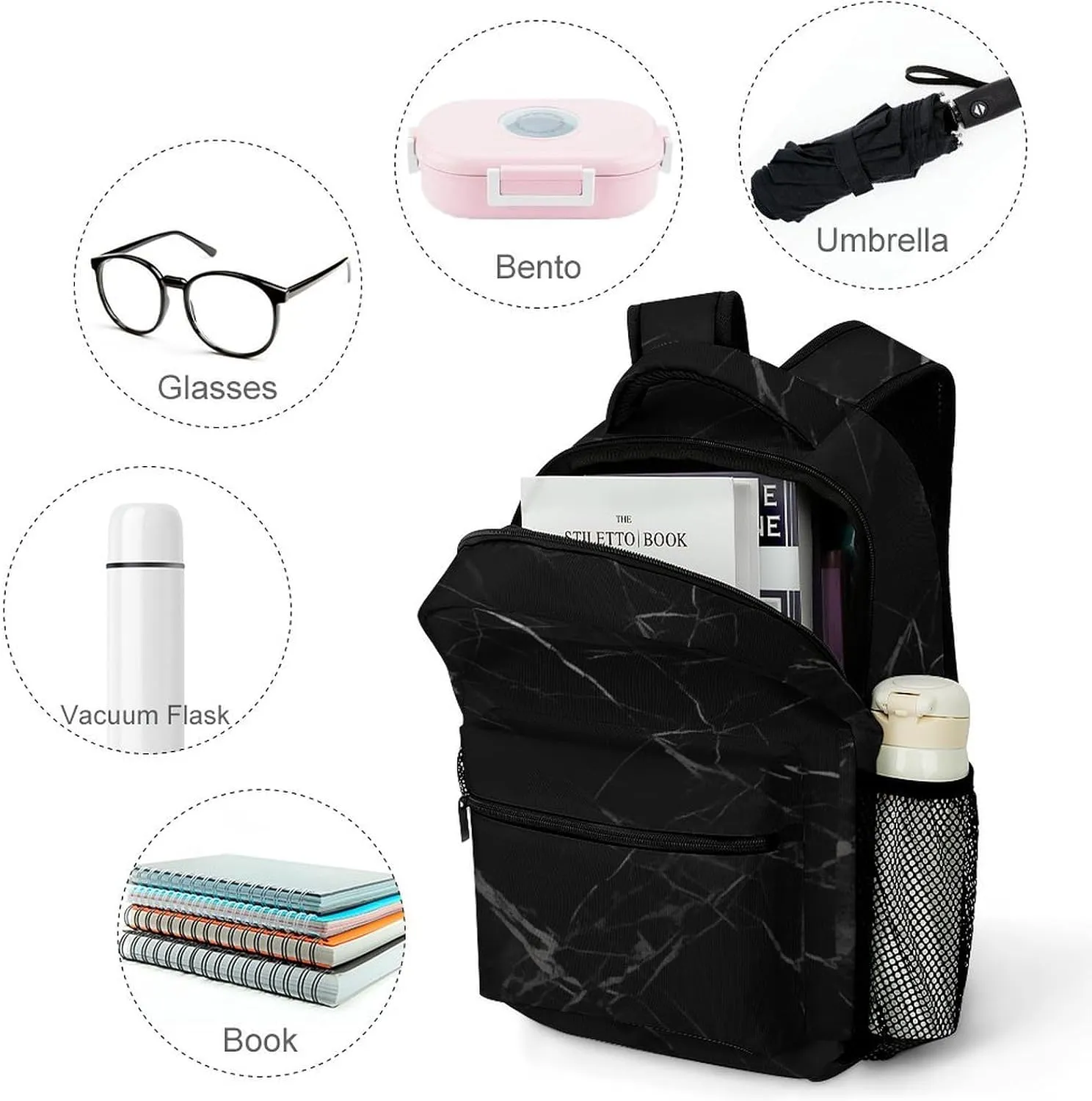 Small Backpacks Personalized Black Marble Printing Travel Bag Lightweight Travel Backpack For Women Men