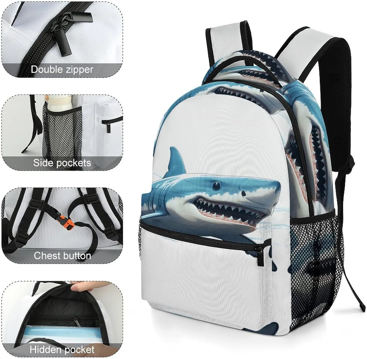 Small Backpacks Personalized Blue Shark Printing Travel Bag Lightweight Travel Backpack For Women Men