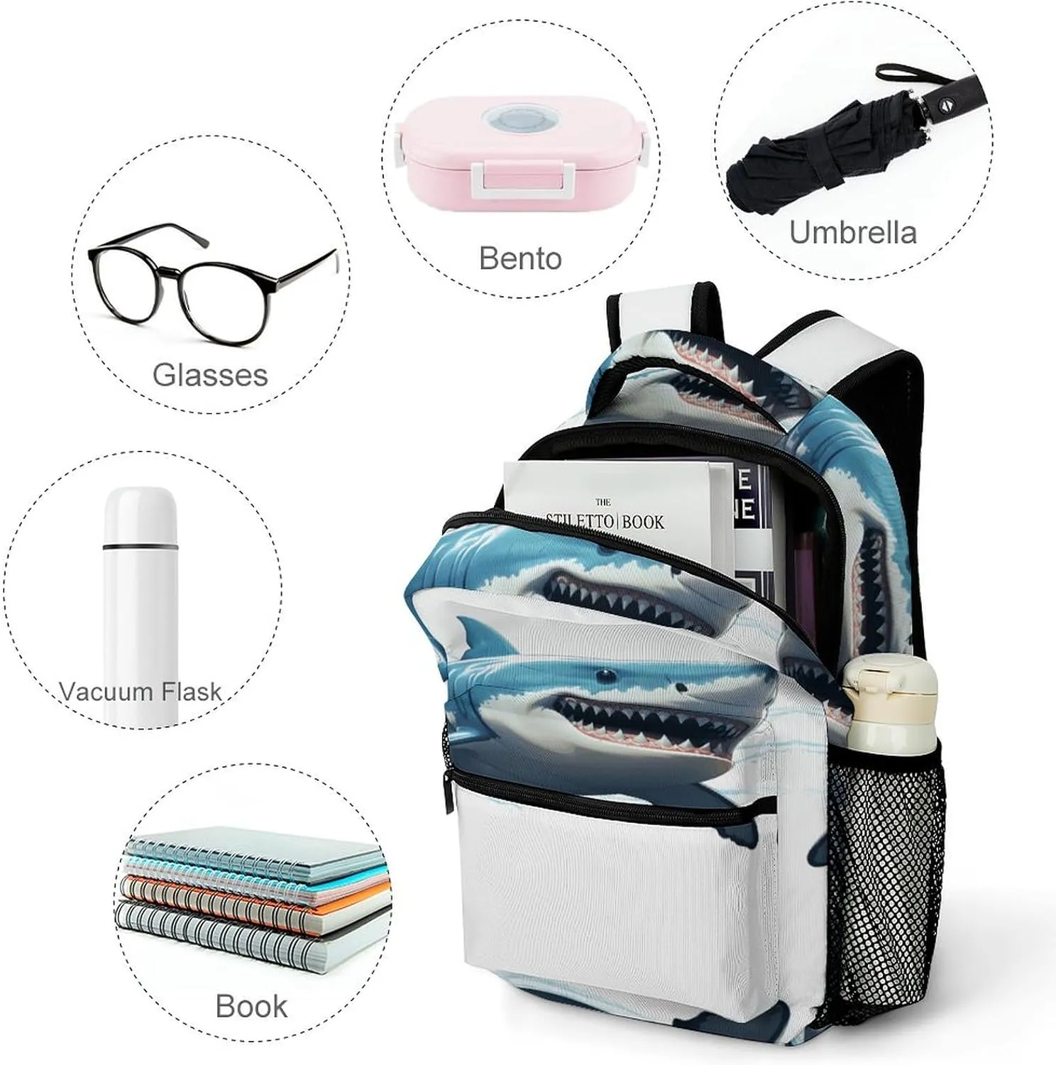 Small Backpacks Personalized Blue Shark Printing Travel Bag Lightweight Travel Backpack For Women Men