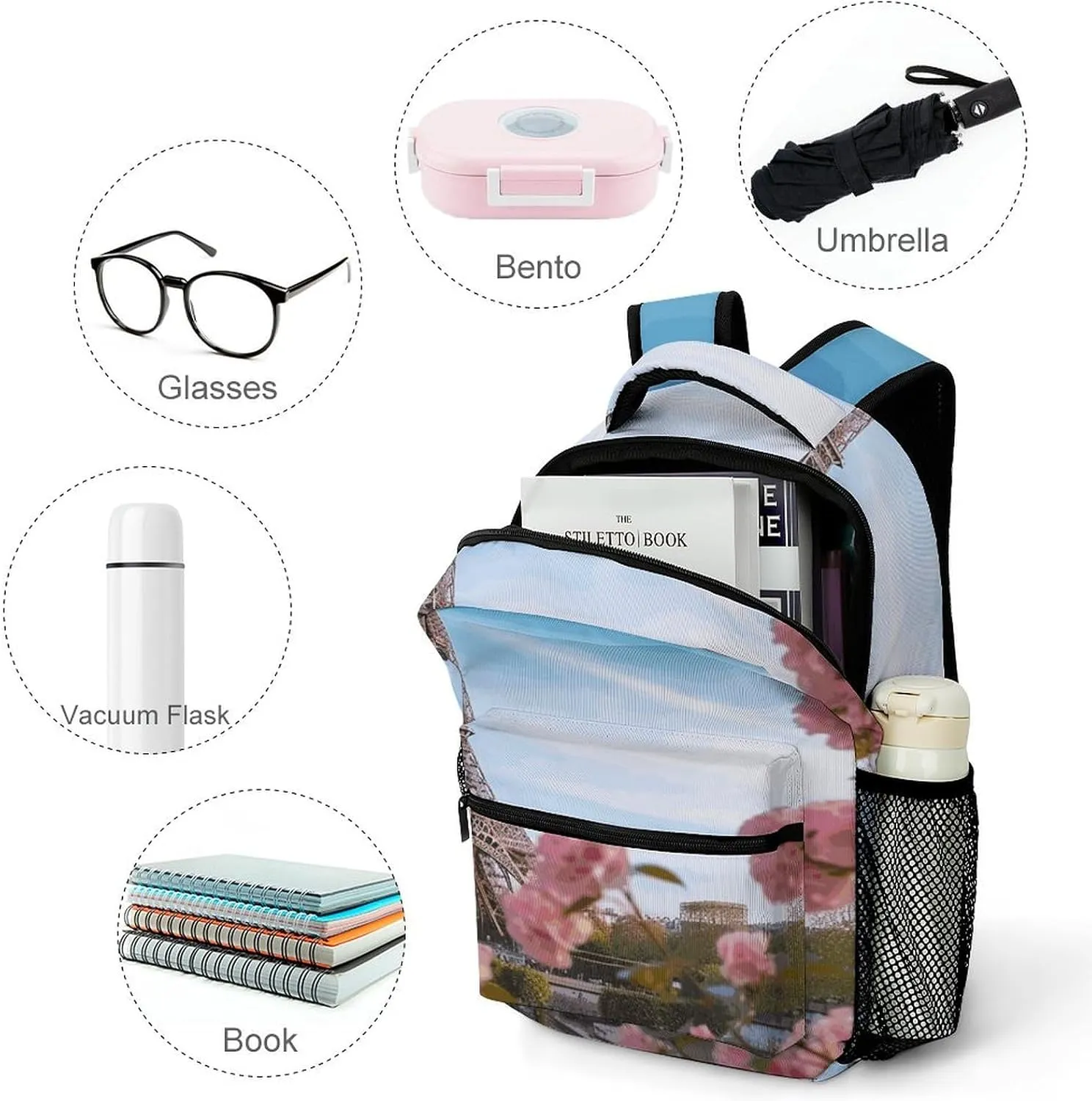 Small Backpacks Personalized Paris Eiffel Tower with Flowers Printing Travel Bag Lightweight Travel Backpack For Women Men