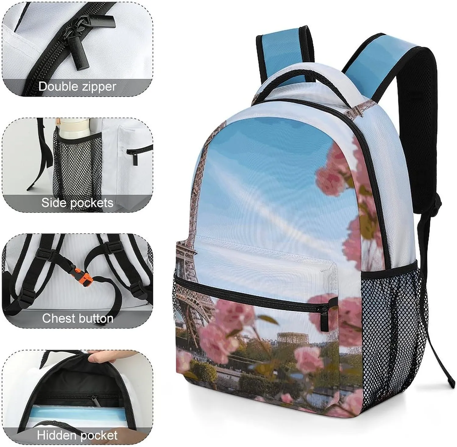 Small Backpacks Personalized Paris Eiffel Tower with Flowers Printing Travel Bag Lightweight Travel Backpack For Women Men