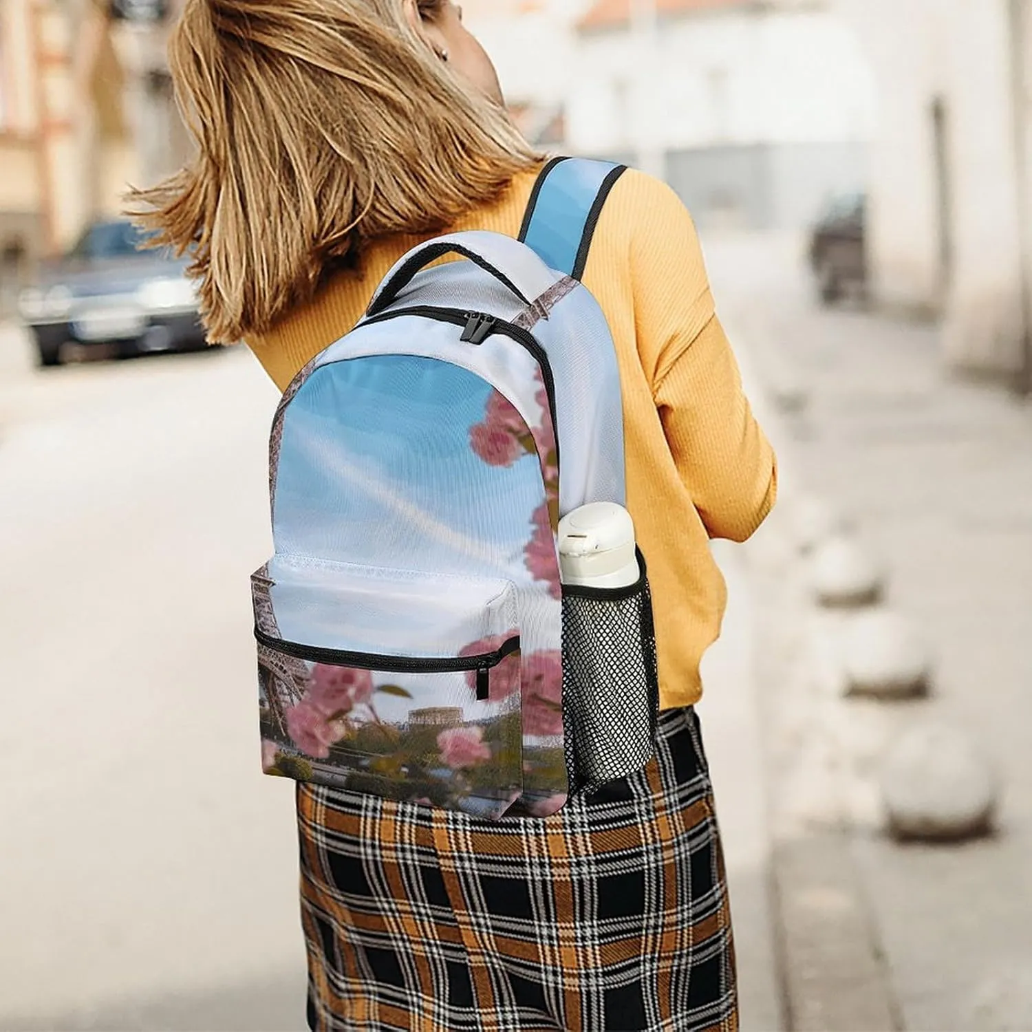 Small Backpacks Personalized Paris Eiffel Tower with Flowers Printing Travel Bag Lightweight Travel Backpack For Women Men
