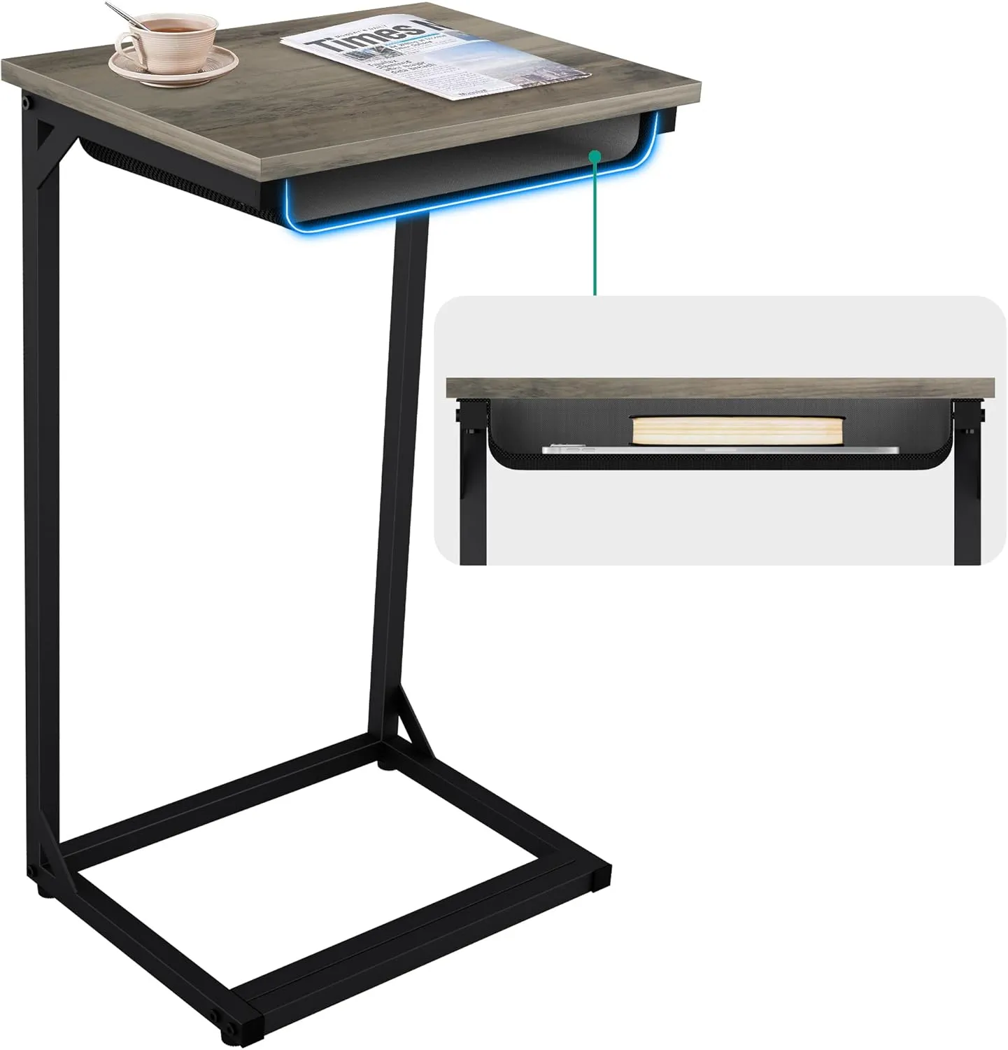 Small Side Table, C Shaped End Table for Couch, Sofa Couch Table Bedside Table for Living Room & Bedroom, Narrow Nightstand for Small Space