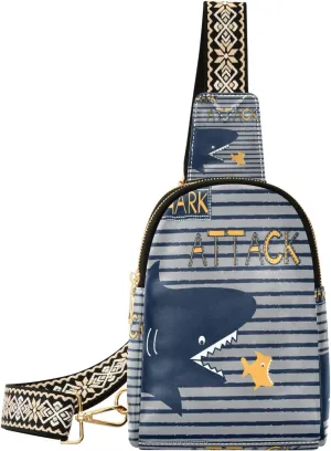 Small Sling Bag Waist Packs Leather Crossbody Packs Chest Bag Cartoon Shark Attack Stripes Navy for Women Travel Belt Purse