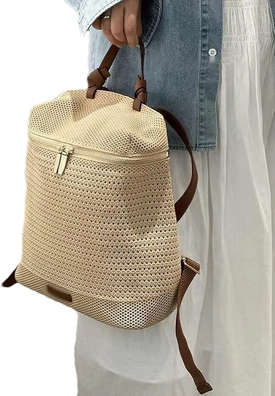 Small Straw Backpack for Women Boho Drawstring Backpack Purse Handmade Woven Beach Shoulder Handbag Daypack for Summer Casual Holiday Khaki