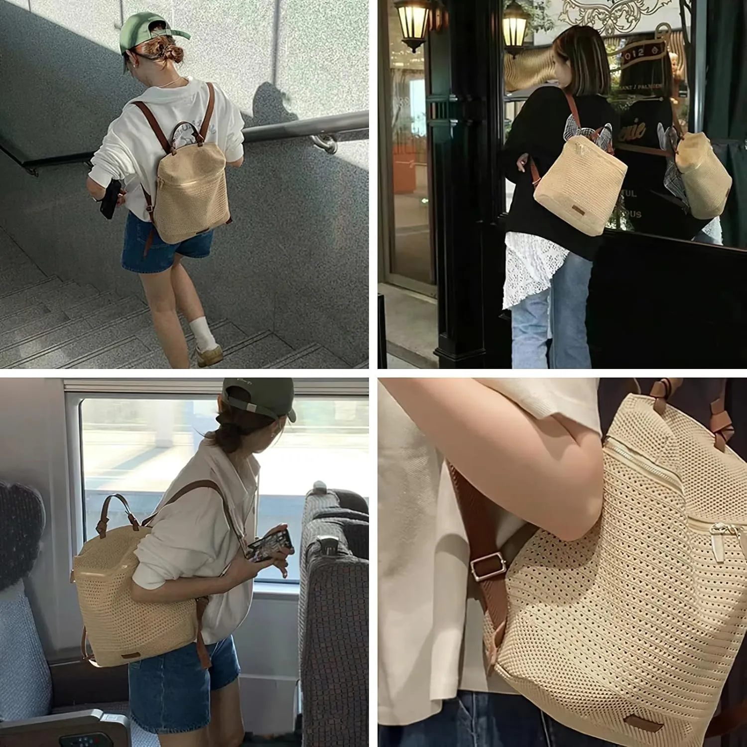 Small Straw Backpack for Women Boho Drawstring Backpack Purse Handmade Woven Beach Shoulder Handbag Daypack for Summer Casual Holiday Khaki