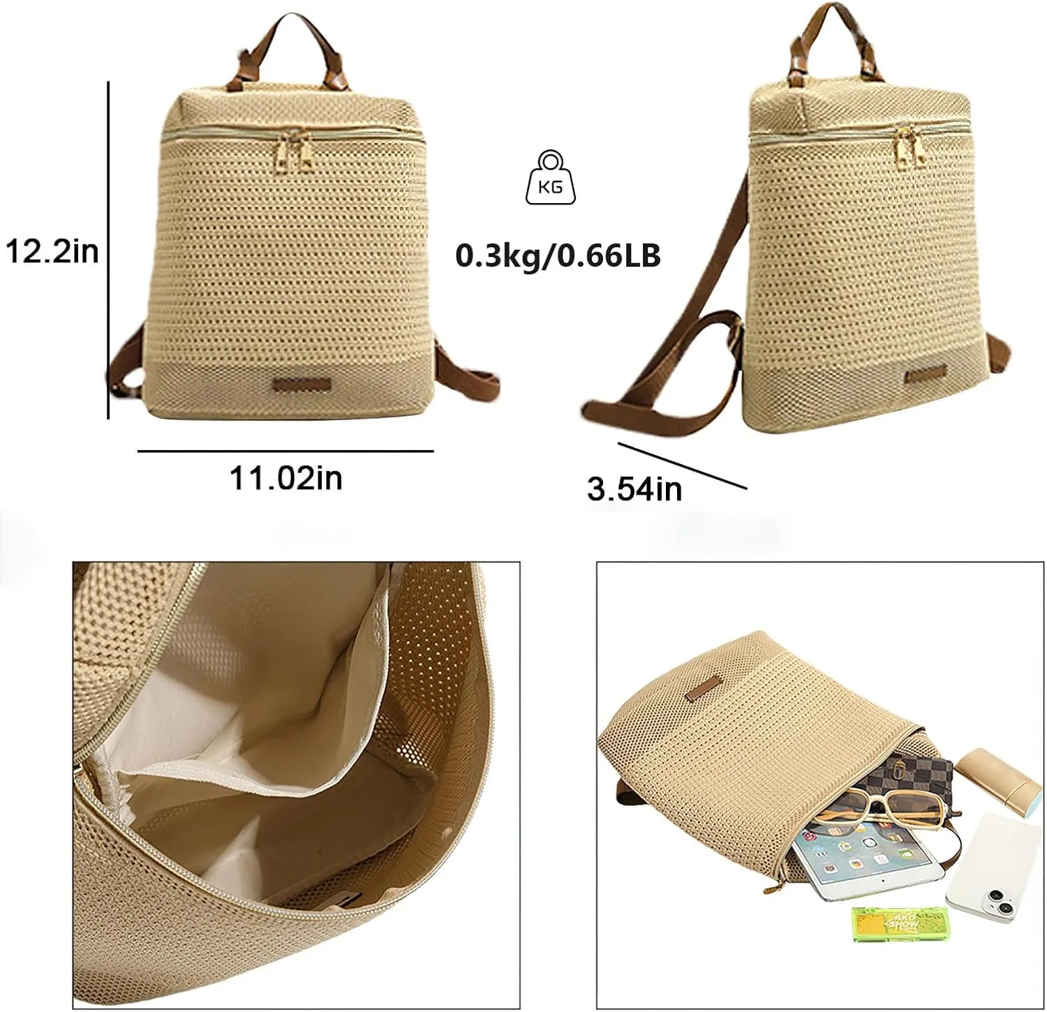 Small Straw Backpack for Women Boho Drawstring Backpack Purse Handmade Woven Beach Shoulder Handbag Daypack for Summer Casual Holiday Khaki
