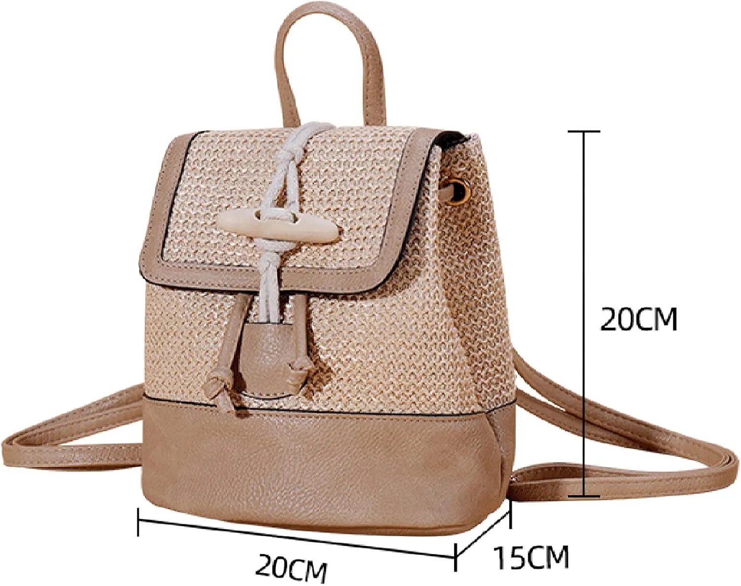 Small Straw Backpack for Women Summer Handmade Woven Beach Bag Bookbag Daypack Wicker Purse Bohomian Drawstring Shoulder Bag-C Horn Buckle-Khaki