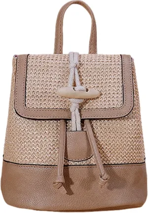 Small Straw Backpack for Women Summer Handmade Woven Beach Bag Bookbag Daypack Wicker Purse Bohomian Drawstring Shoulder Bag-C Horn Buckle-Khaki