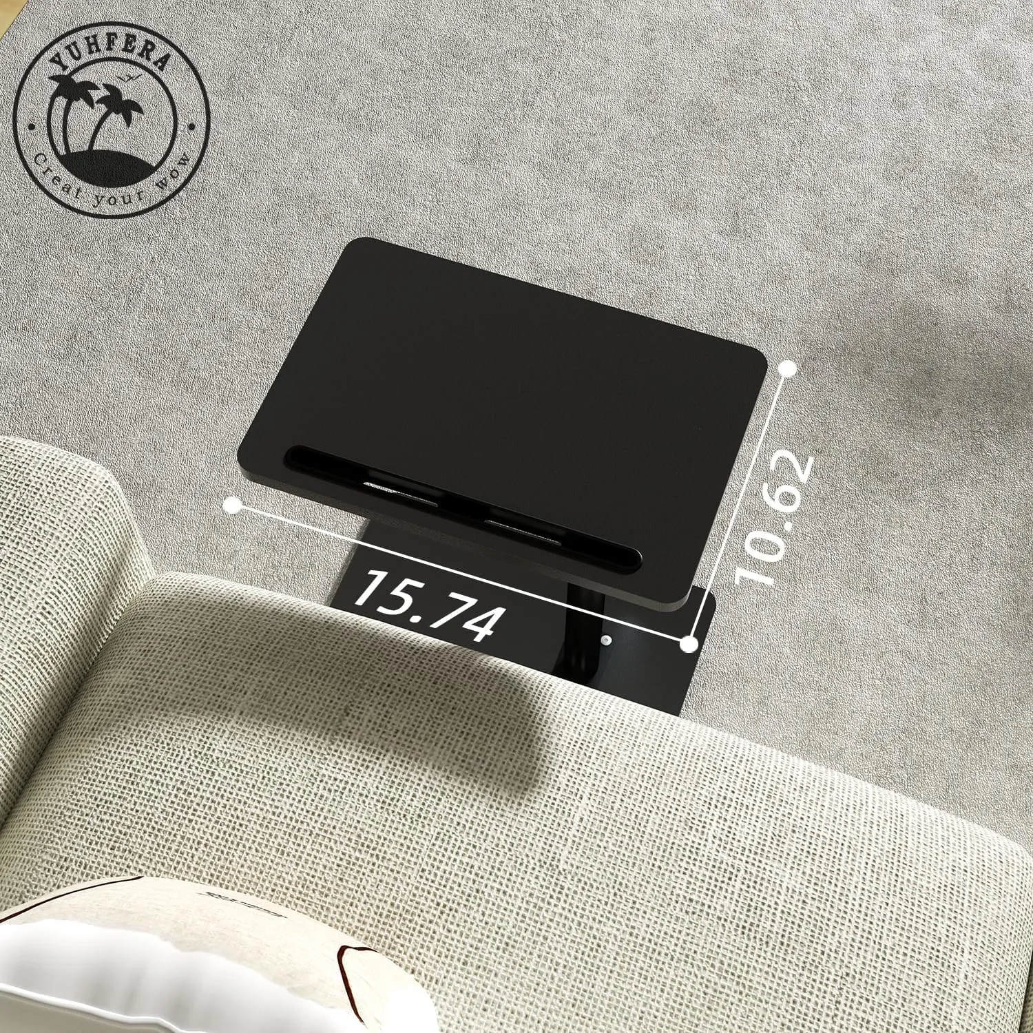 Sofa Armrest Tray Table for Couch - 360° Swivel Height Adjustable End for Small Spaces, Snack Side Table for Bed or Chair with Phone & Tablet Slot (Black,Standard)