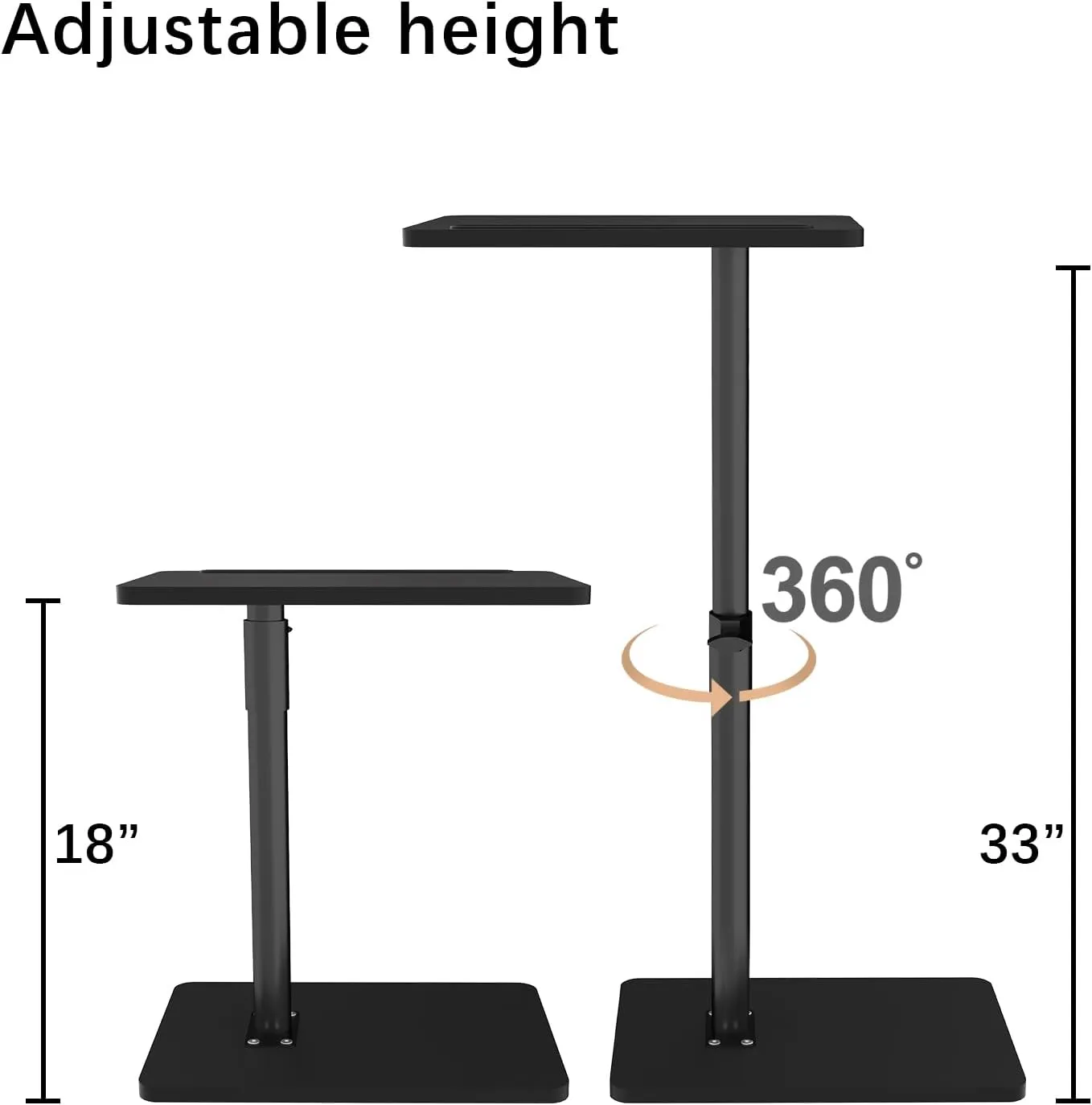 Sofa Armrest Tray Table for Couch - 360° Swivel Height Adjustable End for Small Spaces, Snack Side Table for Bed or Chair with Phone & Tablet Slot (Black,Standard)
