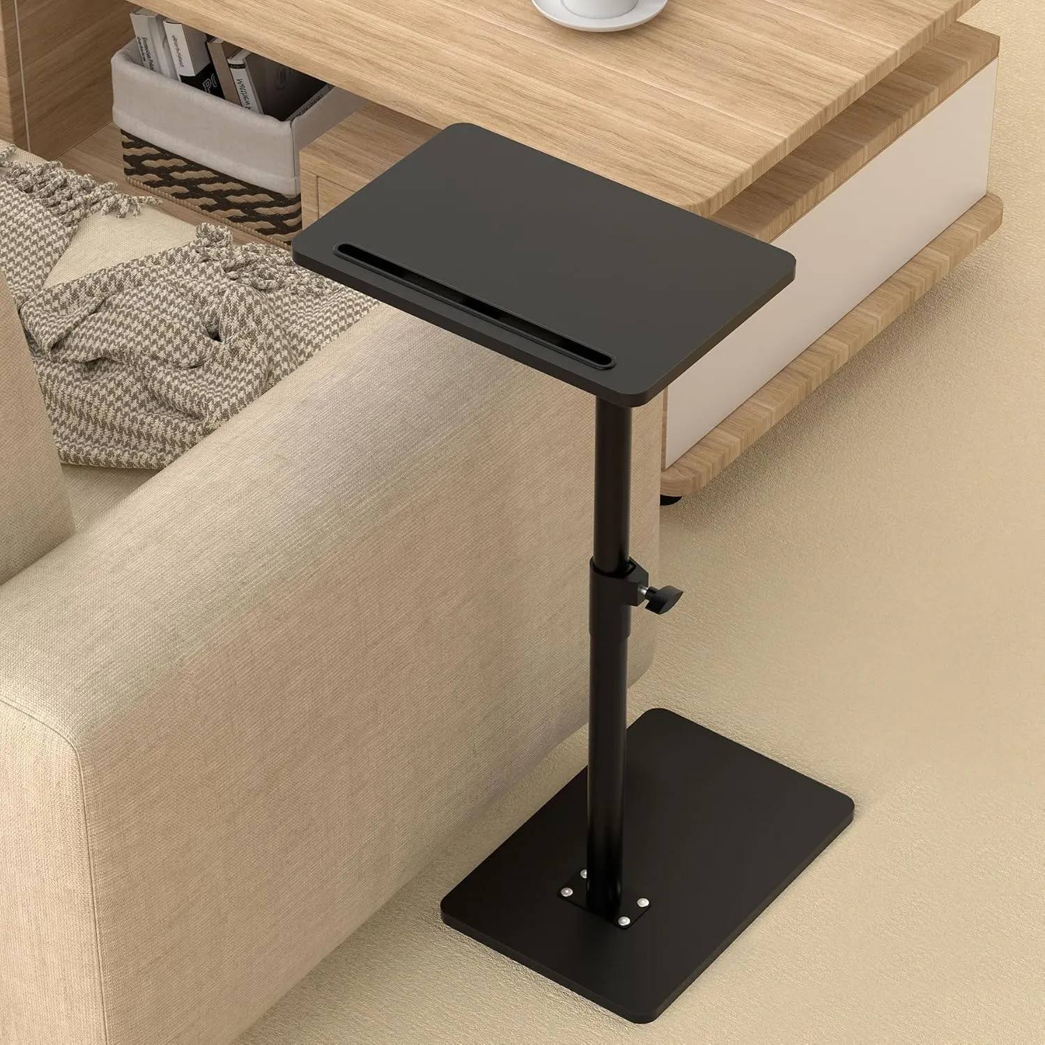 Sofa Armrest Tray Table for Couch - 360° Swivel Height Adjustable End for Small Spaces, Snack Side Table for Bed or Chair with Phone & Tablet Slot (Black,Standard)
