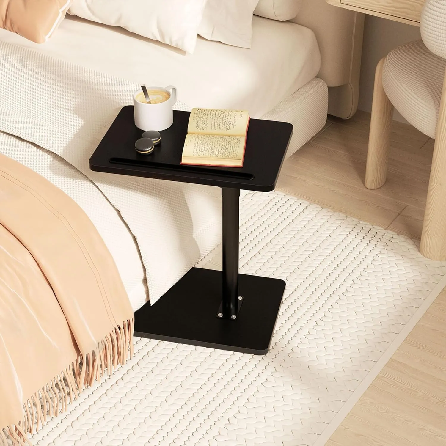 Sofa Armrest Tray Table for Couch - 360° Swivel Height Adjustable End for Small Spaces, Snack Side Table for Bed or Chair with Phone & Tablet Slot (Black,Standard)