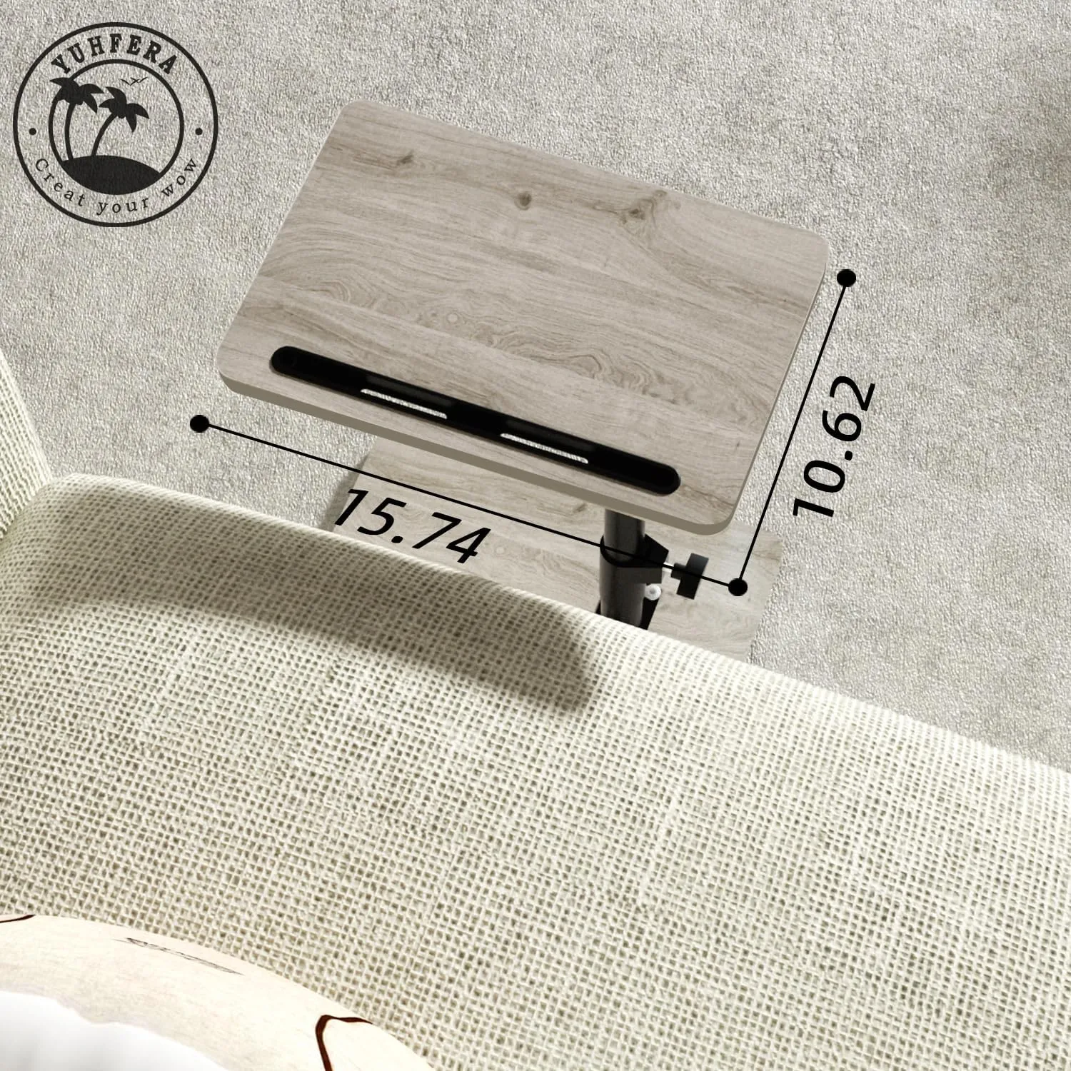 Sofa Armrest Tray Table for Couch - 360° Swivel Height Adjustable End for Small Spaces, Snack Side Table for Bed or Chair with Phone & Tablet Slot (Gray,Standard)