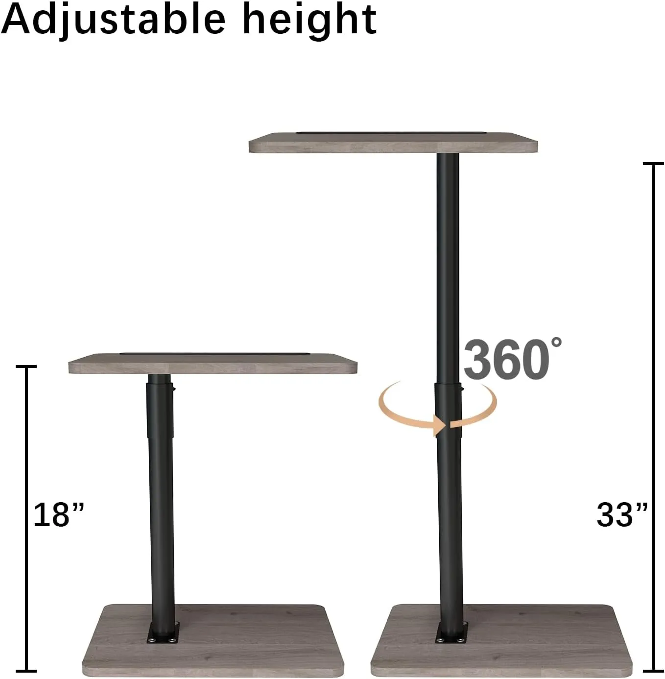 Sofa Armrest Tray Table for Couch - 360° Swivel Height Adjustable End for Small Spaces, Snack Side Table for Bed or Chair with Phone & Tablet Slot (Gray,Standard)