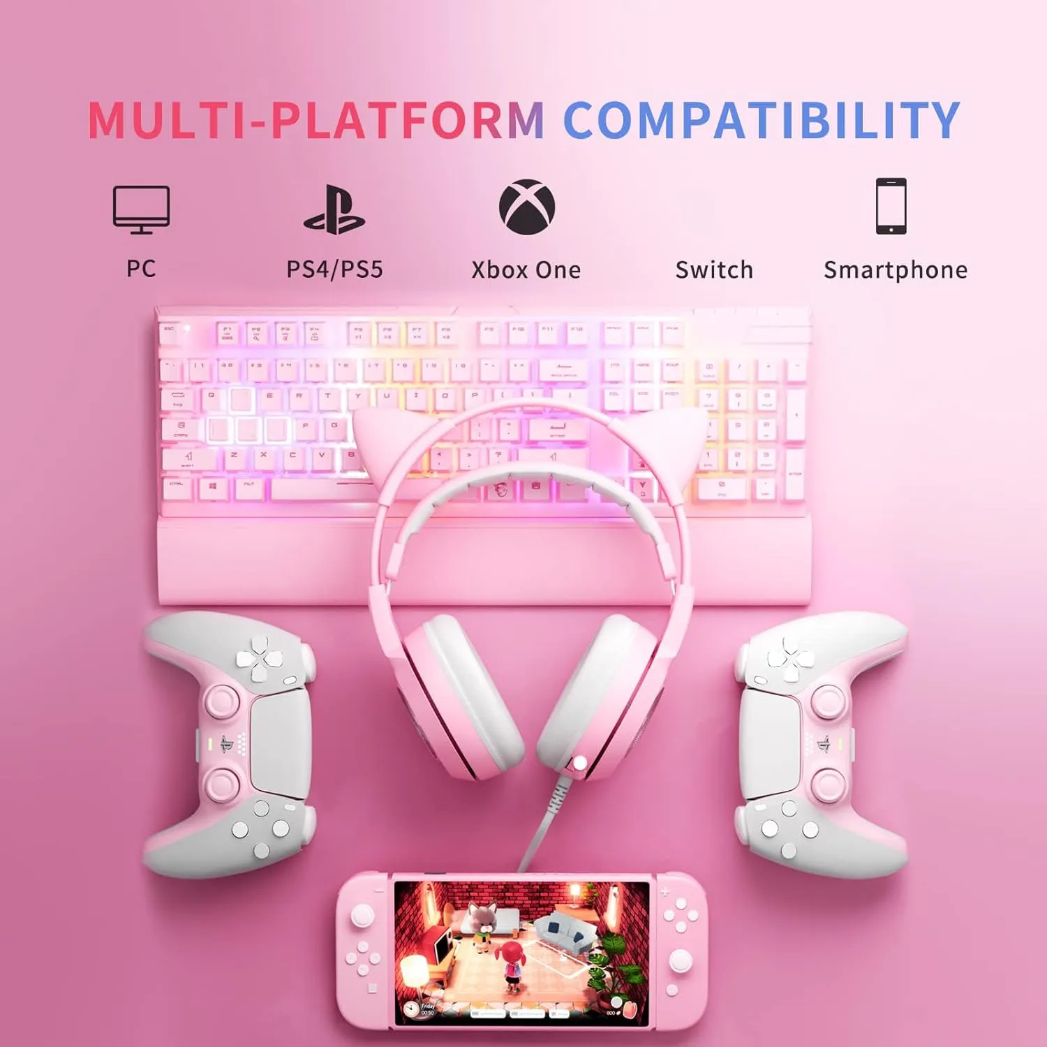 SOMIC G951s Pink Stereo Gaming Headset with Mic for PS4,Xbox,PC,Mobile Phone,3.5mm Noise Reduction Cat Ear Headphones Lightweight Over Ear Headphones for Girls