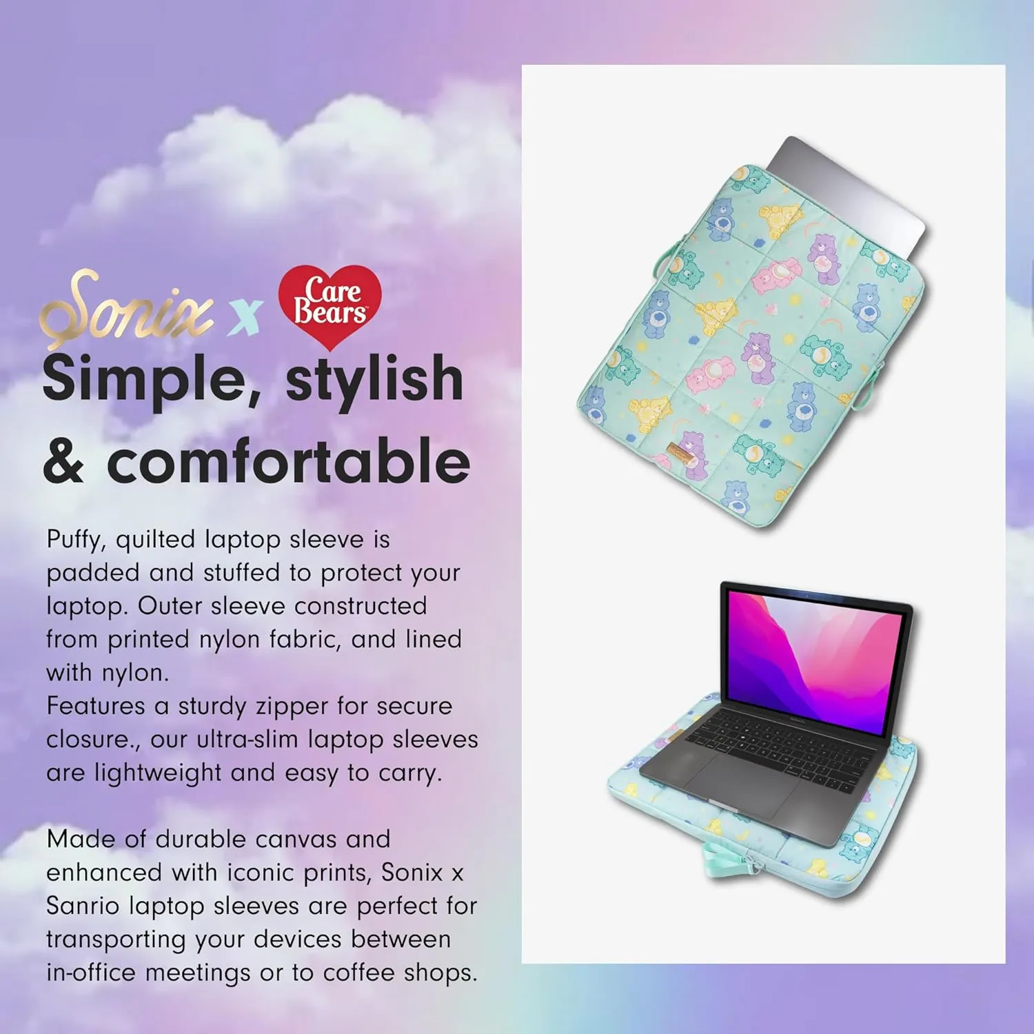 Sonix | Puffy Laptop Sleeve | 15-16 Inch, Quilted Pillow Puffer Laptop Carrying Case, Computer Sleeve | Care Bears Pastel