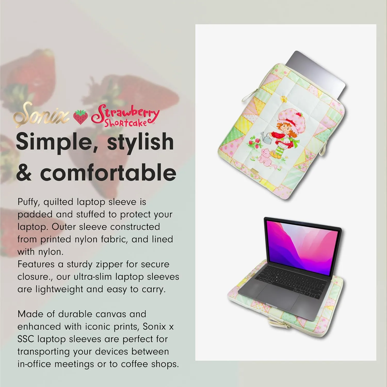 Sonix | Puffy Laptop Sleeve | 15-16 Inch, Quilted Pillow Puffer Laptop Carrying Case, Computer Sleeve | Strawberry Shortcake Patchwork Floral
