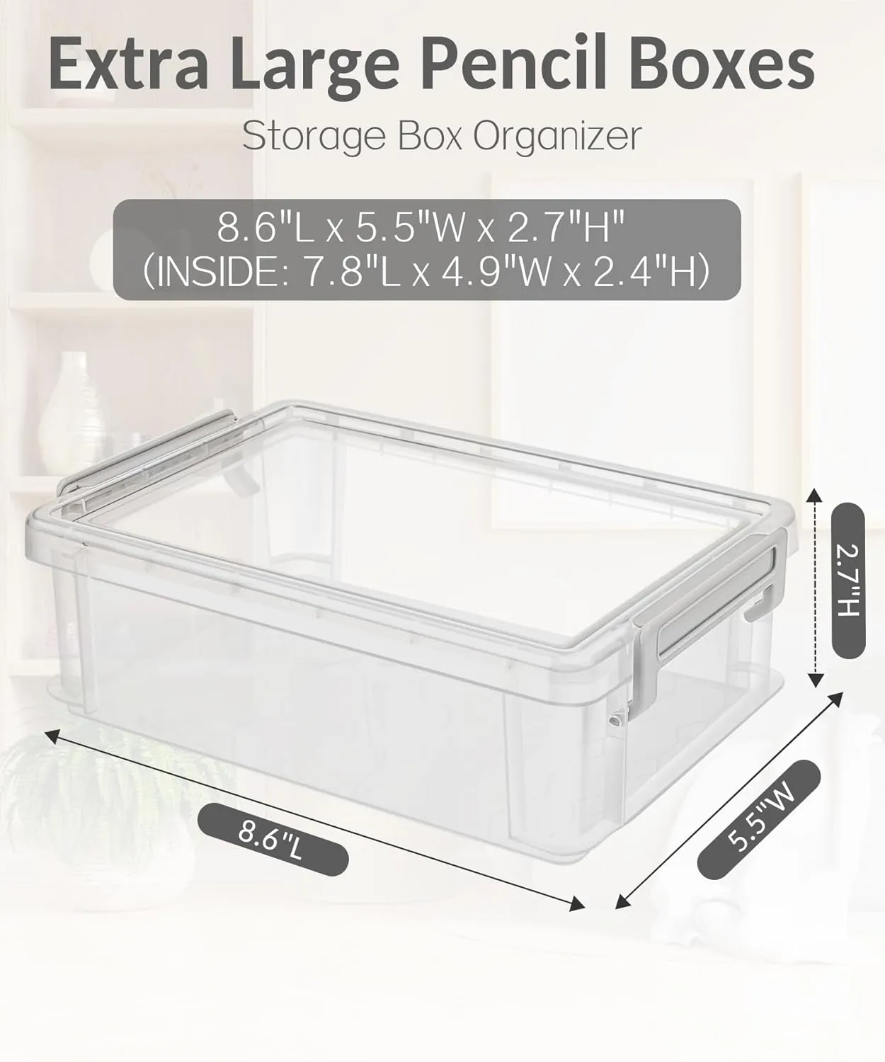 Sooez 6 Pack Extra Large Pencil Box, Plastic Pencil Case Crayon Box Bulk, Clear Marker Organizer Plastic Containers with Lid, Stackable Storage Boxes for Craft, Pen, Art, School Supplies, Grey