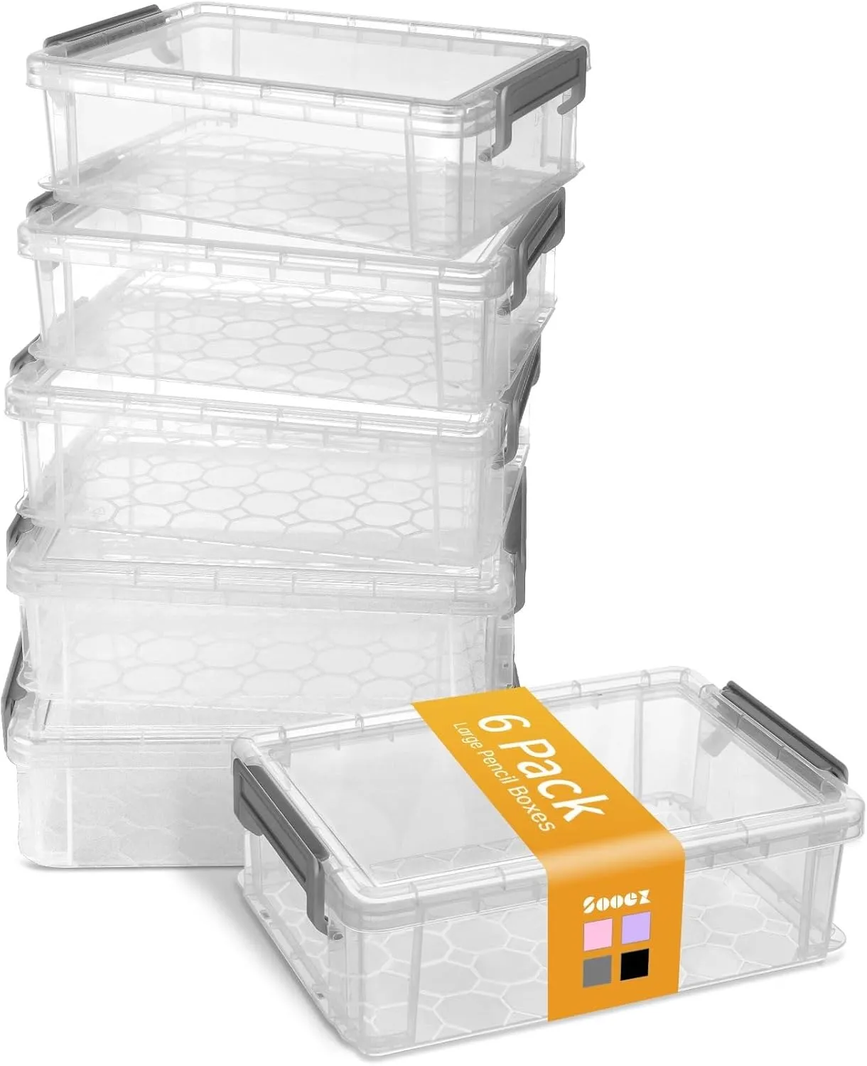 Sooez 6 Pack Extra Large Pencil Box, Plastic Pencil Case Crayon Box Bulk, Clear Marker Organizer Plastic Containers with Lid, Stackable Storage Boxes for Craft, Pen, Art, School Supplies, Grey