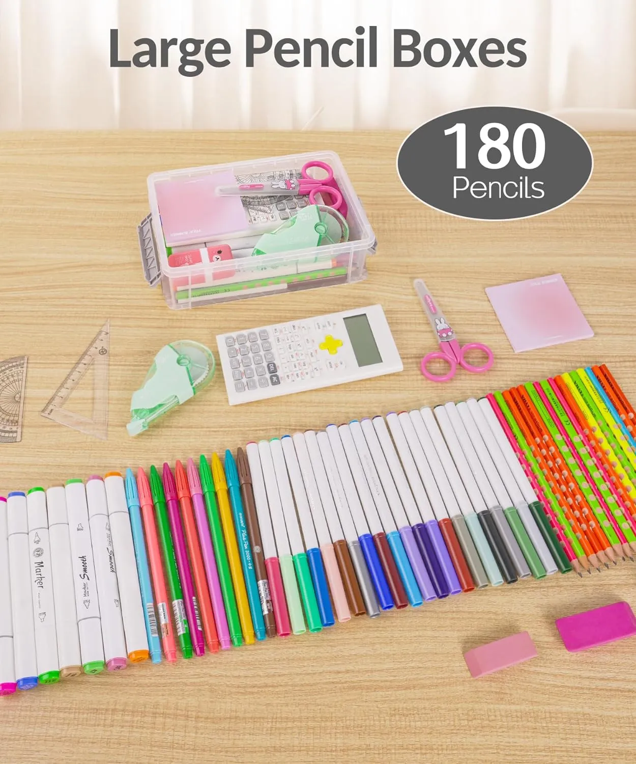 Sooez 6 Pack Extra Large Pencil Box, Plastic Pencil Case Crayon Box Bulk, Clear Marker Organizer Plastic Containers with Lid, Stackable Storage Boxes for Craft, Pen, Art, School Supplies, Grey