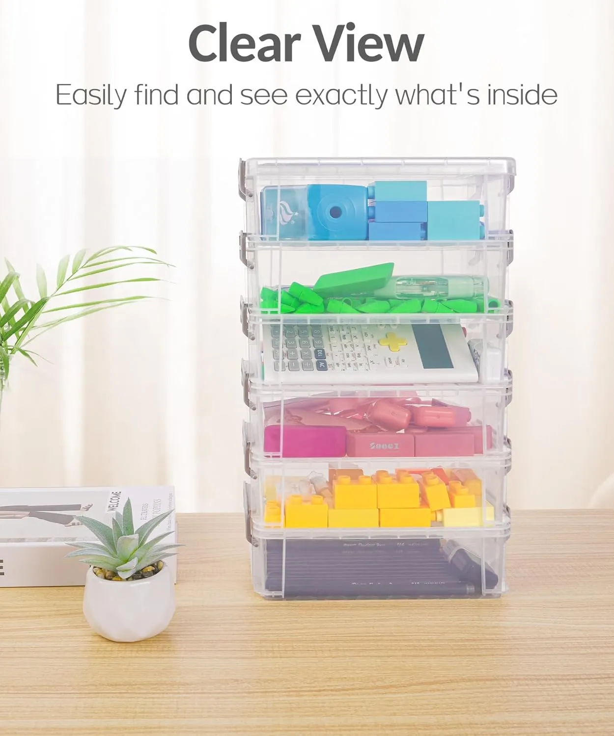 Sooez 6 Pack Extra Large Pencil Box, Plastic Pencil Case Crayon Box Bulk, Clear Marker Organizer Plastic Containers with Lid, Stackable Storage Boxes for Craft, Pen, Art, School Supplies, Grey