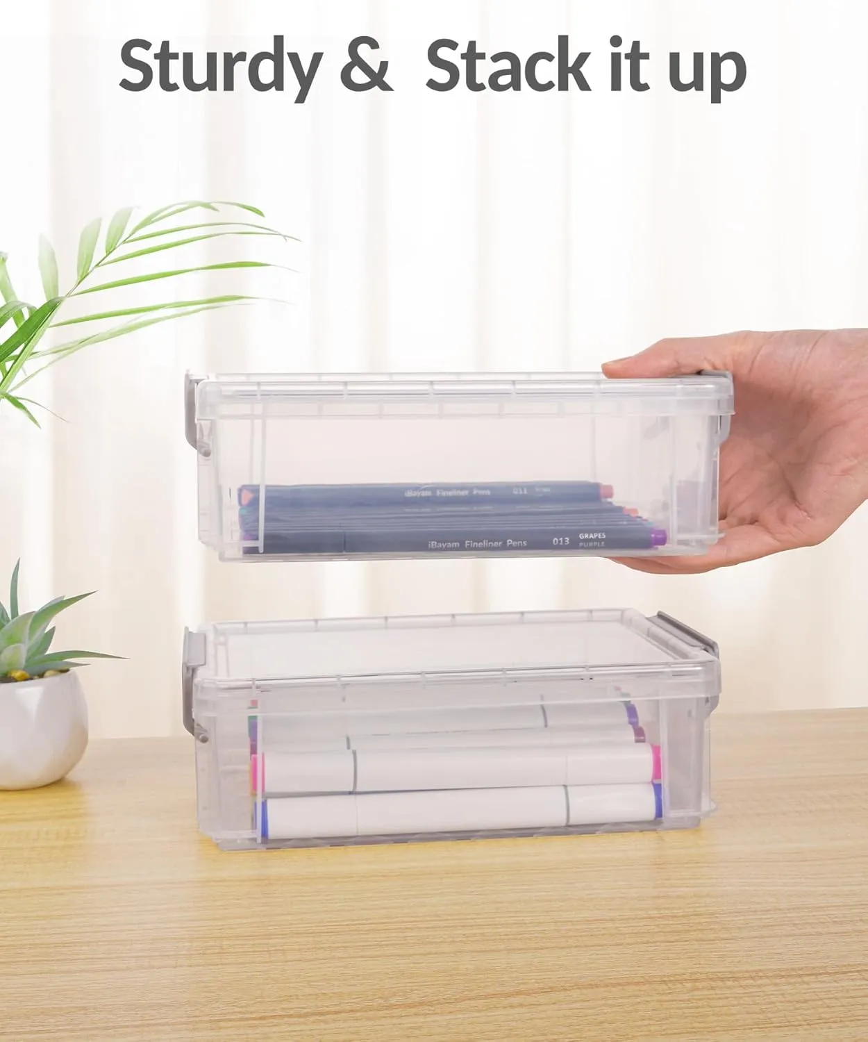Sooez 6 Pack Extra Large Pencil Box, Plastic Pencil Case Crayon Box Bulk, Clear Marker Organizer Plastic Containers with Lid, Stackable Storage Boxes for Craft, Pen, Art, School Supplies, Grey