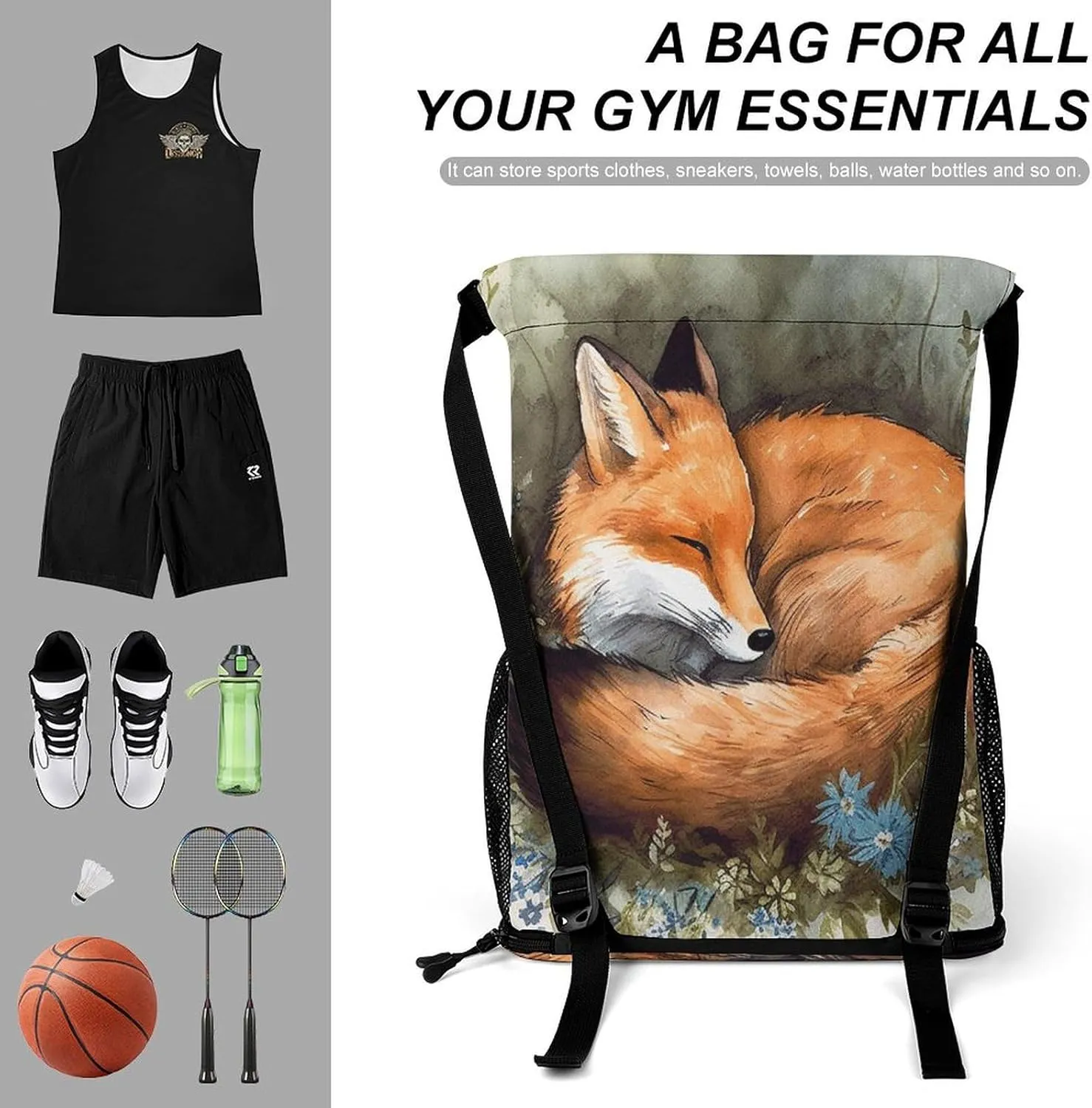Sports Drawstring Backpack Lightweight Small Gym Bag A Sleeping Fox Gym Sackpack for Women Men