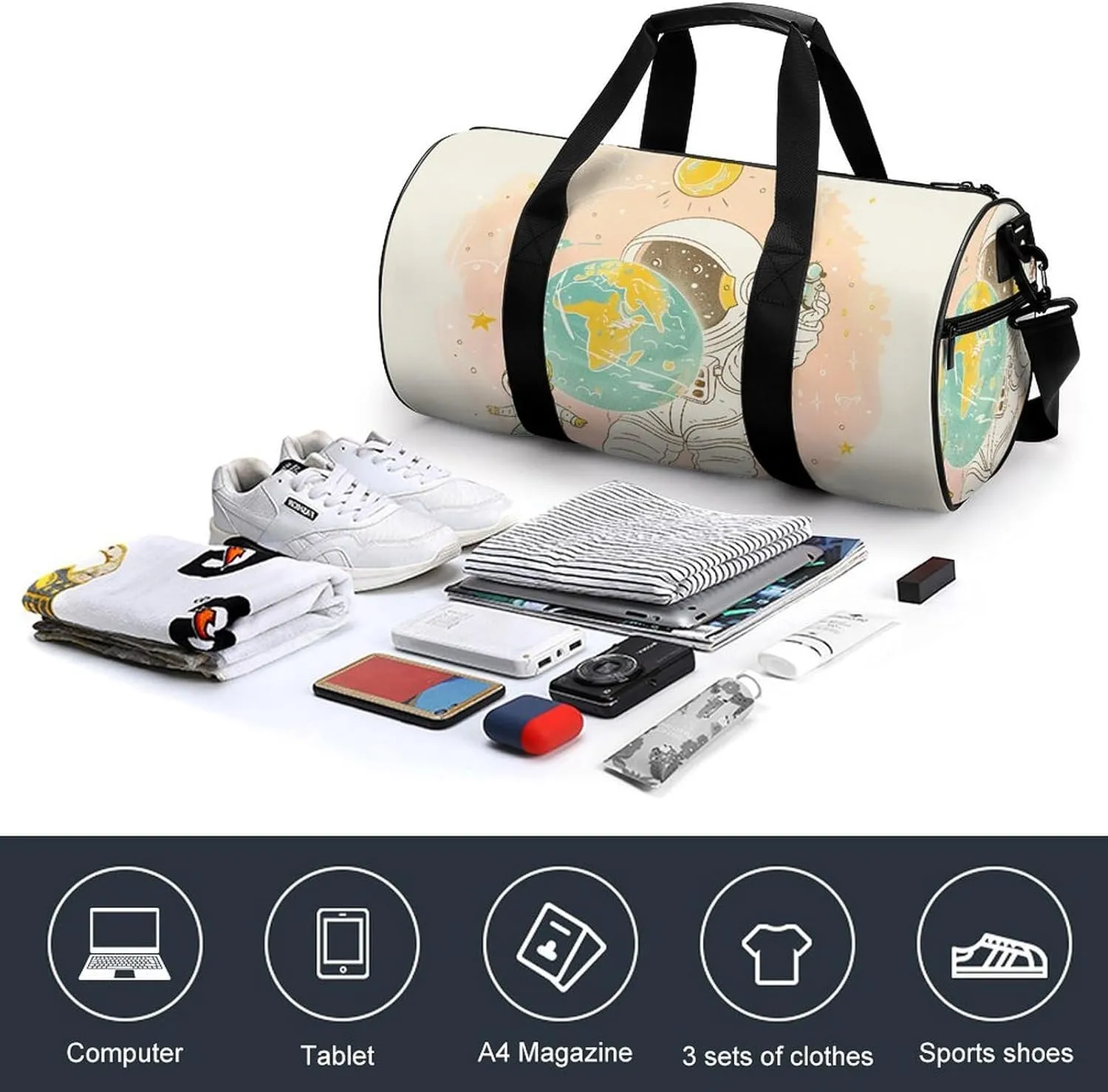 Sports Gym Bag for Women Men Travel Duffel Bag Astronaut Holding Earth Weekender Bag Canvas Carry on Overnight Bag for Travel Swimming Fitness Workout Sports Duffle Bag