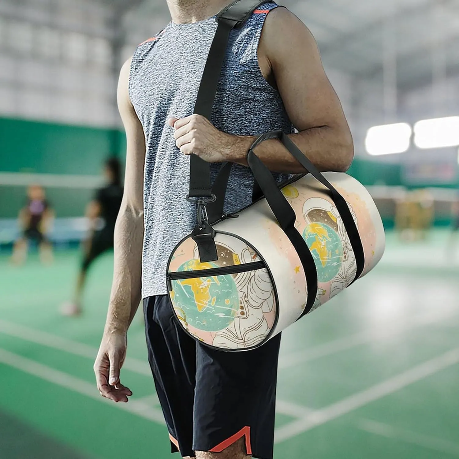 Sports Gym Bag for Women Men Travel Duffel Bag Astronaut Holding Earth Weekender Bag Canvas Carry on Overnight Bag for Travel Swimming Fitness Workout Sports Duffle Bag