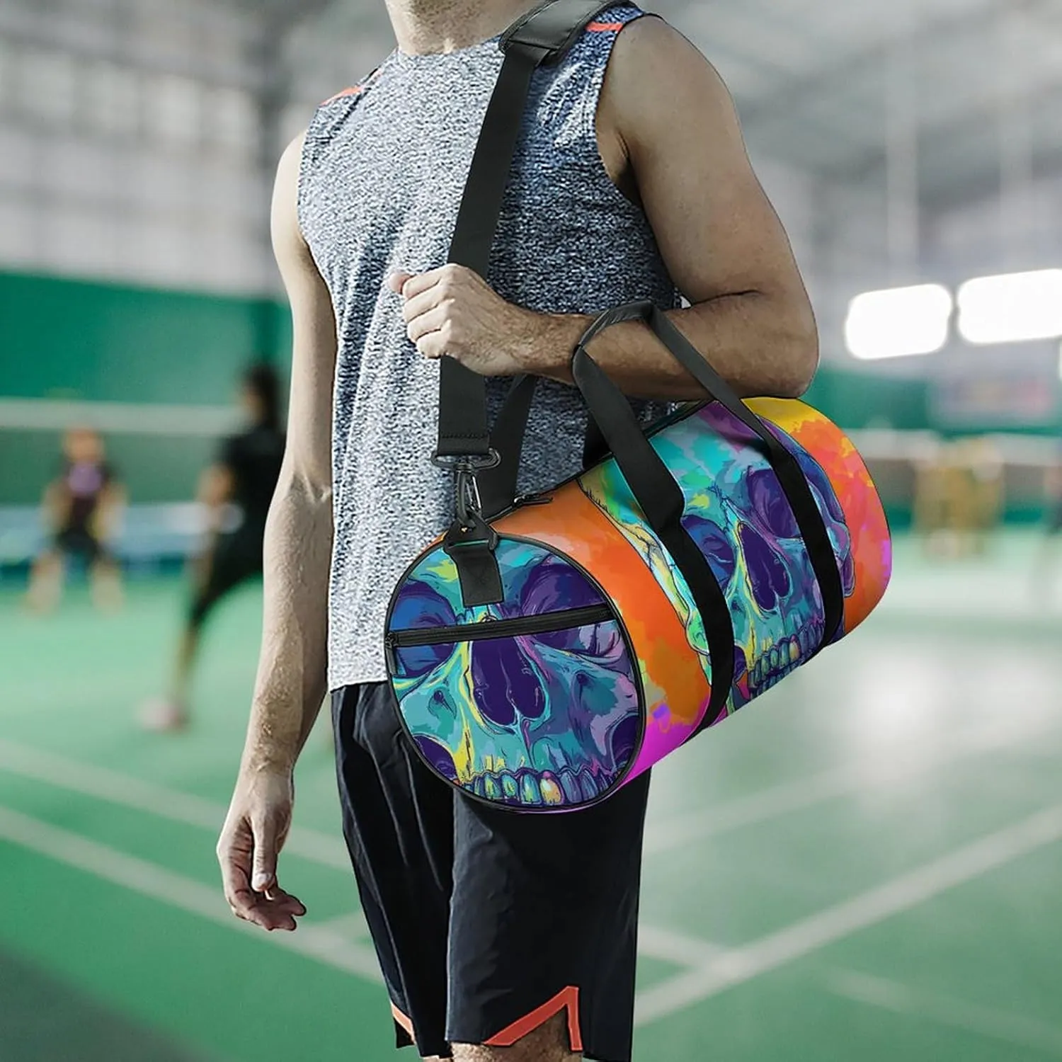 Sports Gym Bag for Women Men Travel Duffel Bag Cartoon Style Skull Weekender Bag Canvas Carry on Overnight Bag for Travel Swimming Fitness Workout Sports Duffle Bag, 17.7in/9in/9in