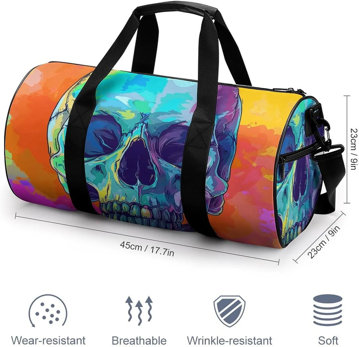 Sports Gym Bag for Women Men Travel Duffel Bag Cartoon Style Skull Weekender Bag Canvas Carry on Overnight Bag for Travel Swimming Fitness Workout Sports Duffle Bag, 17.7in/9in/9in