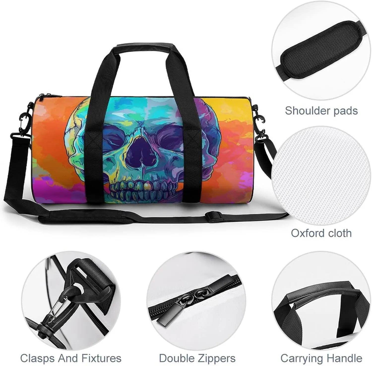 Sports Gym Bag for Women Men Travel Duffel Bag Cartoon Style Skull Weekender Bag Canvas Carry on Overnight Bag for Travel Swimming Fitness Workout Sports Duffle Bag, 17.7in/9in/9in