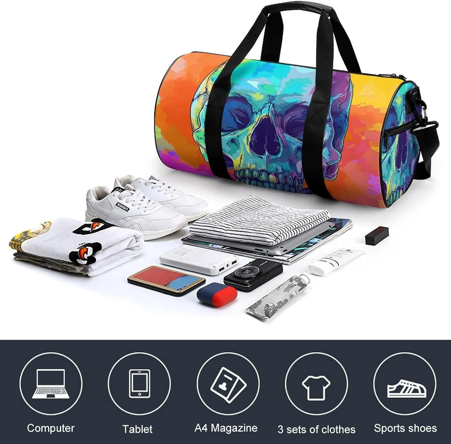 Sports Gym Bag for Women Men Travel Duffel Bag Cartoon Style Skull Weekender Bag Canvas Carry on Overnight Bag for Travel Swimming Fitness Workout Sports Duffle Bag, 17.7in/9in/9in