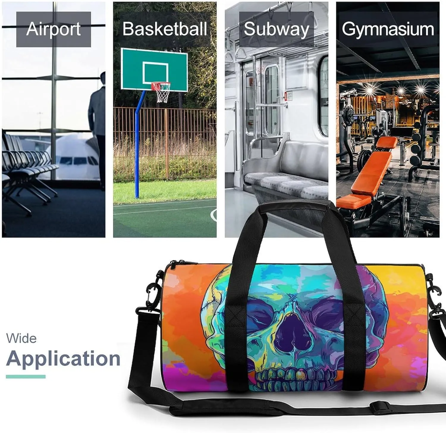 Sports Gym Bag for Women Men Travel Duffel Bag Cartoon Style Skull Weekender Bag Canvas Carry on Overnight Bag for Travel Swimming Fitness Workout Sports Duffle Bag, 17.7in/9in/9in
