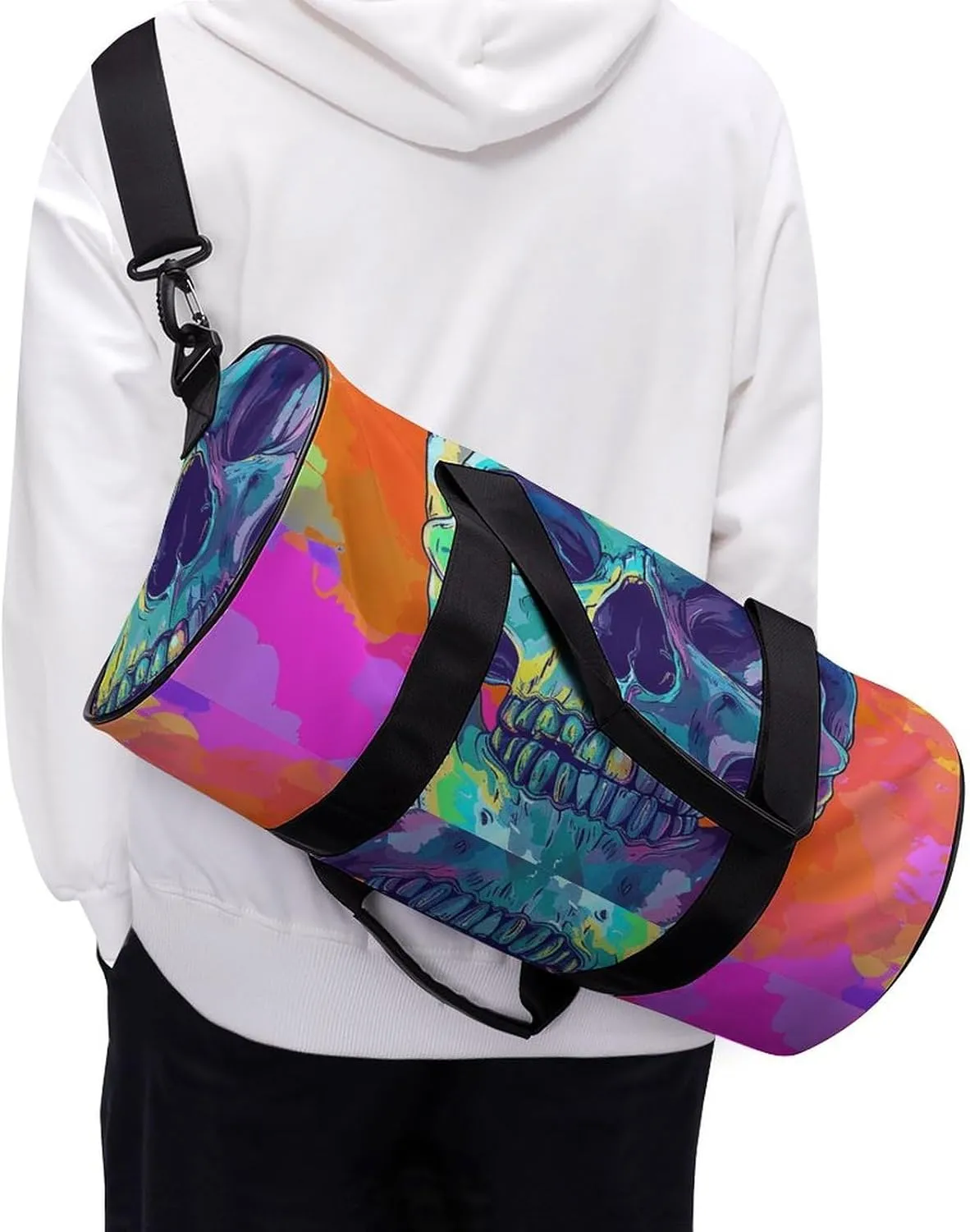 Sports Gym Bag for Women Men Travel Duffel Bag Cartoon Style Skull Weekender Bag Canvas Carry on Overnight Bag for Travel Swimming Fitness Workout Sports Duffle Bag, 17.7in/9in/9in